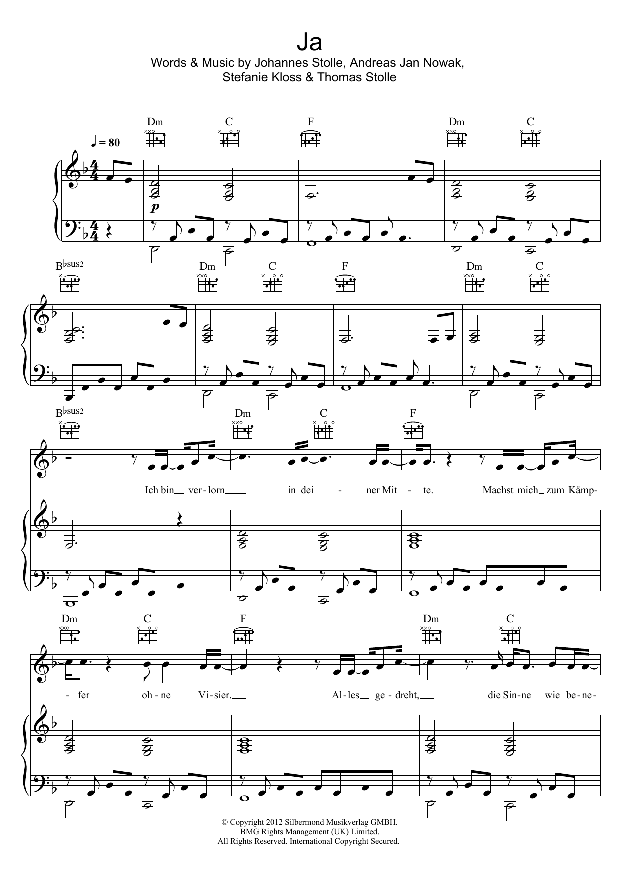 Download Silbermond Ja Sheet Music and learn how to play Piano, Vocal & Guitar PDF digital score in minutes