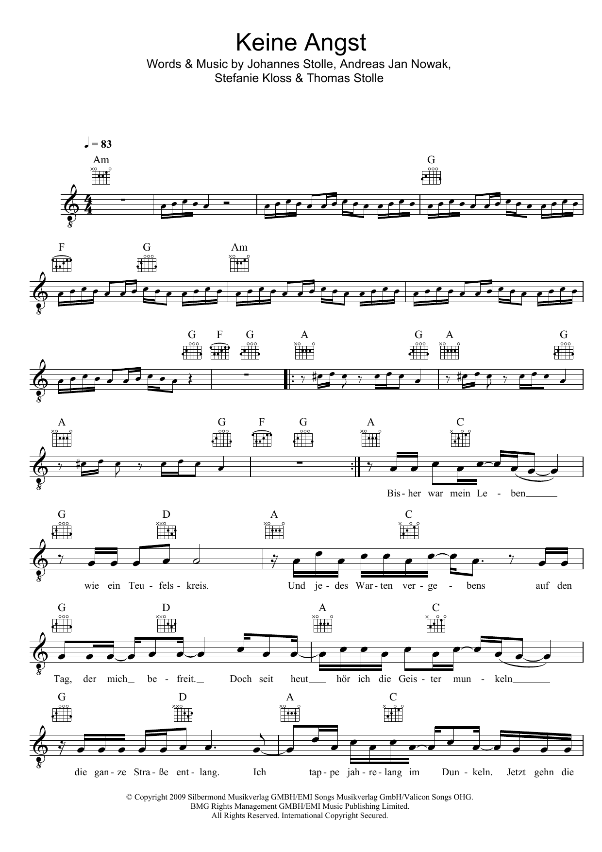 Download Silbermond Keine Angst Sheet Music and learn how to play Melody Line, Lyrics & Chords PDF digital score in minutes