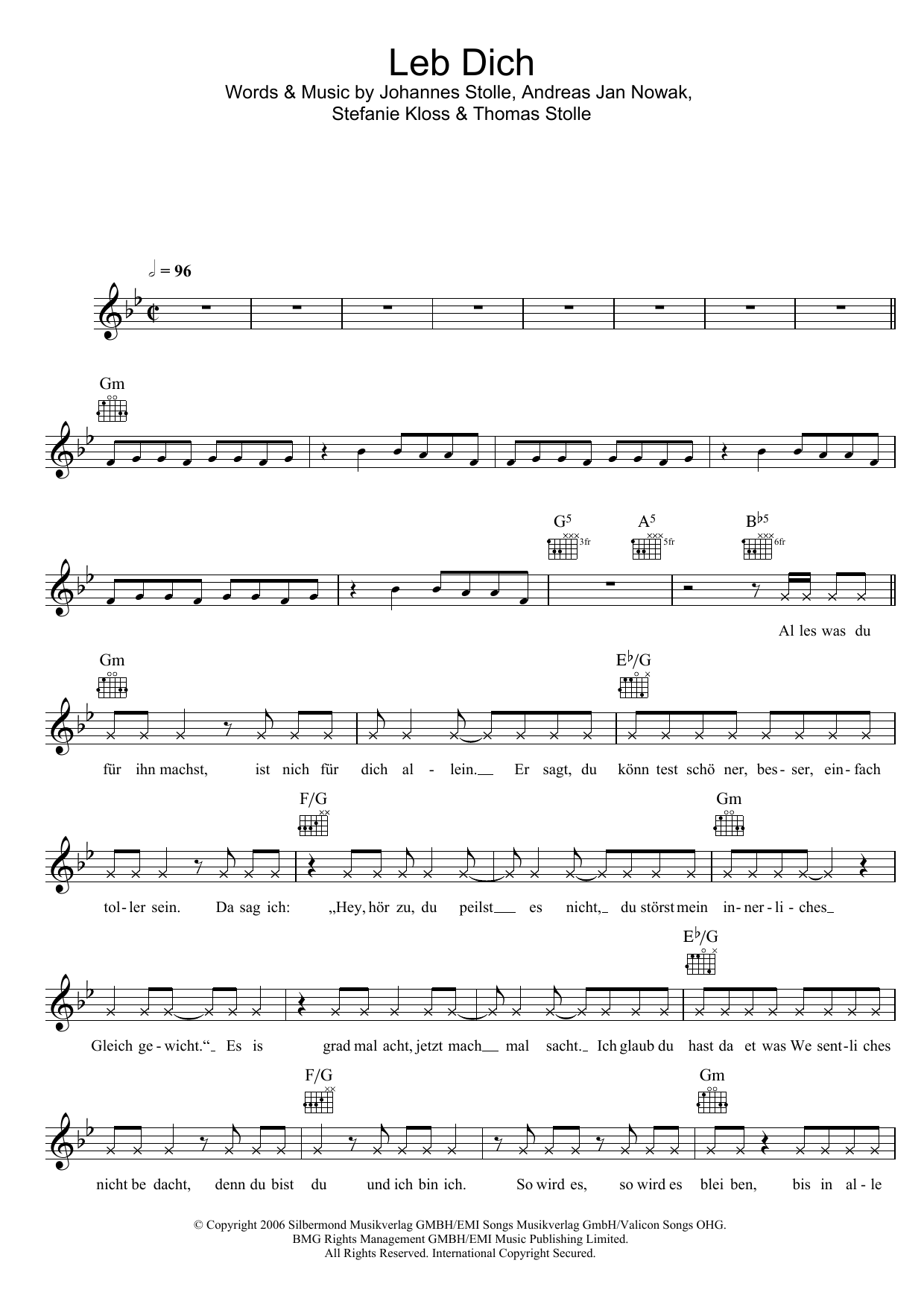 Download Silbermond Leb Dich Sheet Music and learn how to play Melody Line, Lyrics & Chords PDF digital score in minutes