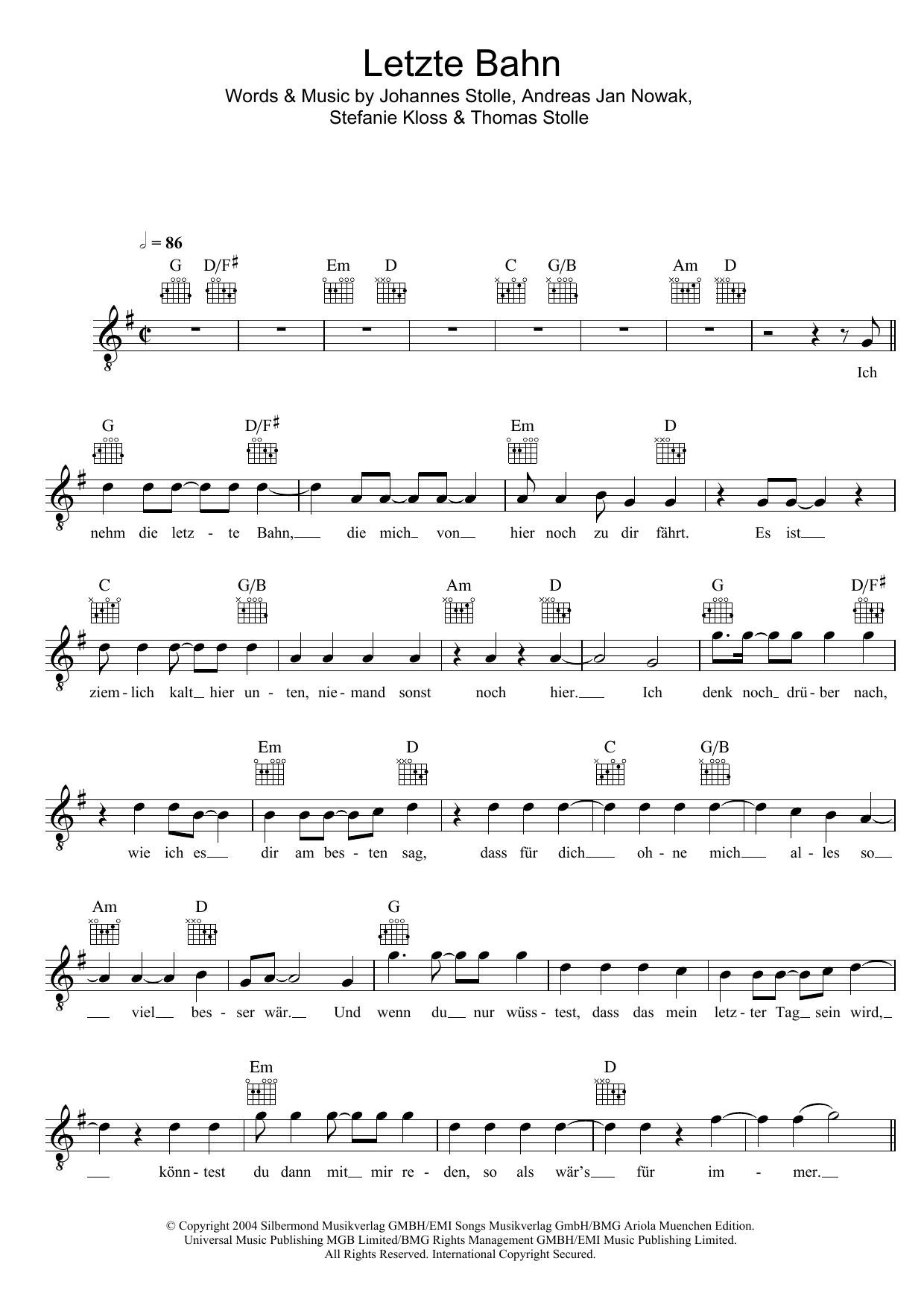 Download Silbermond Letzte Bahn Sheet Music and learn how to play Melody Line, Lyrics & Chords PDF digital score in minutes
