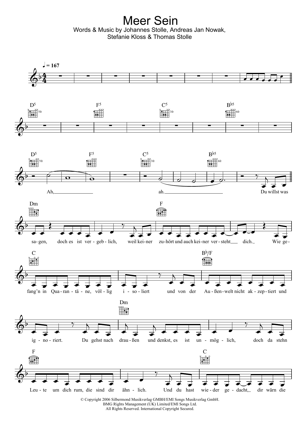 Download Silbermond Meer Sein Sheet Music and learn how to play Melody Line, Lyrics & Chords PDF digital score in minutes