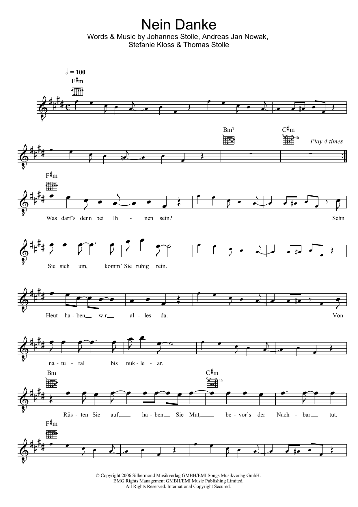 Download Silbermond Nein Danke Sheet Music and learn how to play Melody Line, Lyrics & Chords PDF digital score in minutes