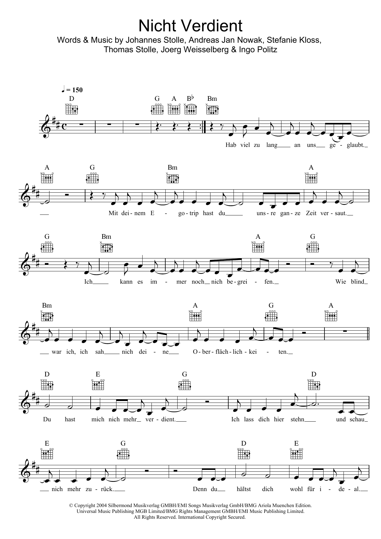 Download Silbermond Nicht Verdient Sheet Music and learn how to play Melody Line, Lyrics & Chords PDF digital score in minutes