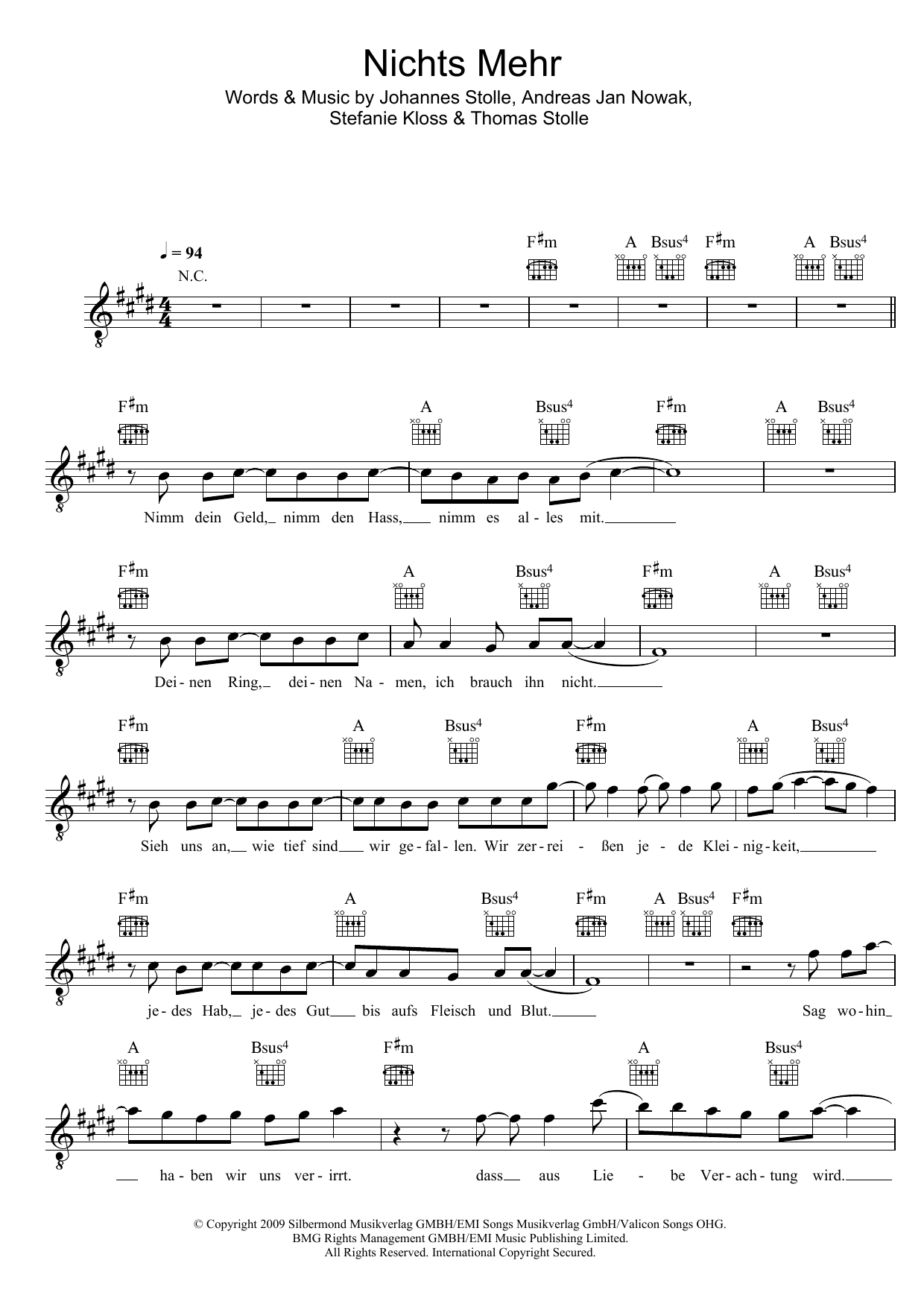 Download Silbermond Nichts Mehr Sheet Music and learn how to play Melody Line, Lyrics & Chords PDF digital score in minutes