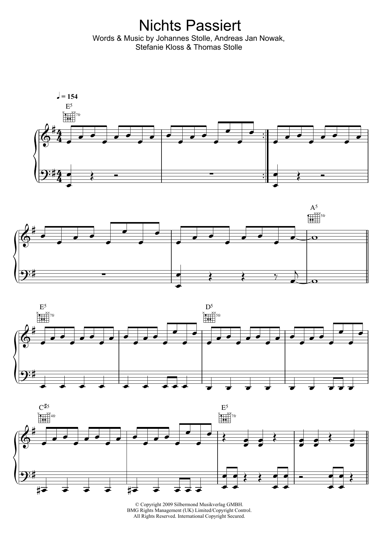 Download Silbermond Nichts Passiert Sheet Music and learn how to play Piano, Vocal & Guitar (Right-Hand Melody) PDF digital score in minutes