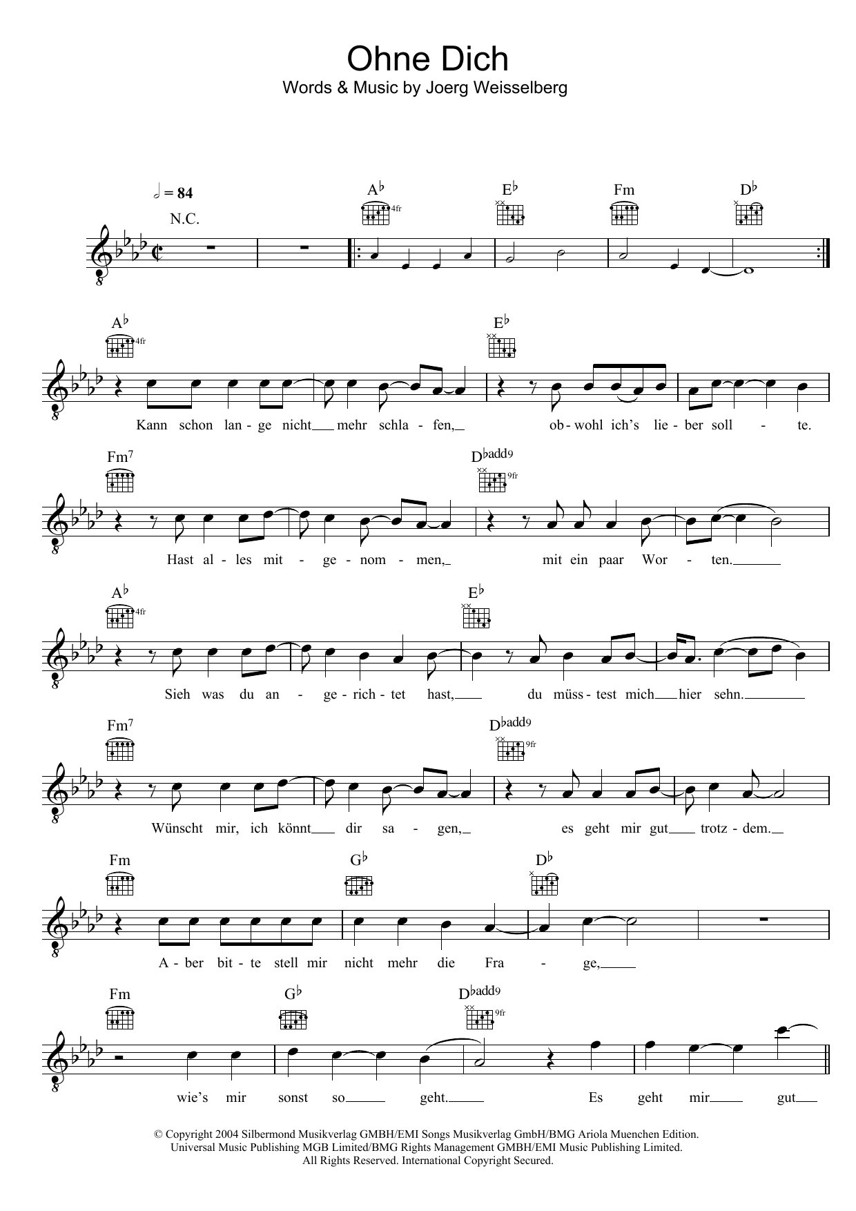 Download Silbermond Ohne Dich Sheet Music and learn how to play Melody Line, Lyrics & Chords PDF digital score in minutes