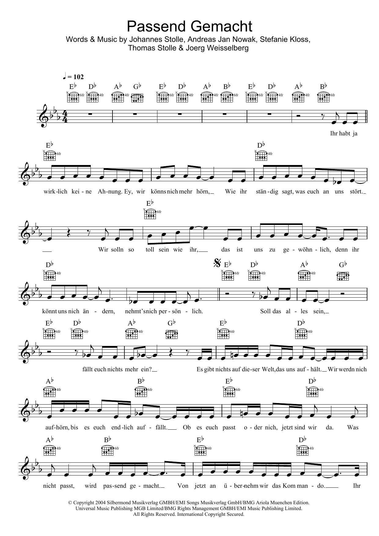 Download Silbermond Passend Gemacht Sheet Music and learn how to play Melody Line, Lyrics & Chords PDF digital score in minutes