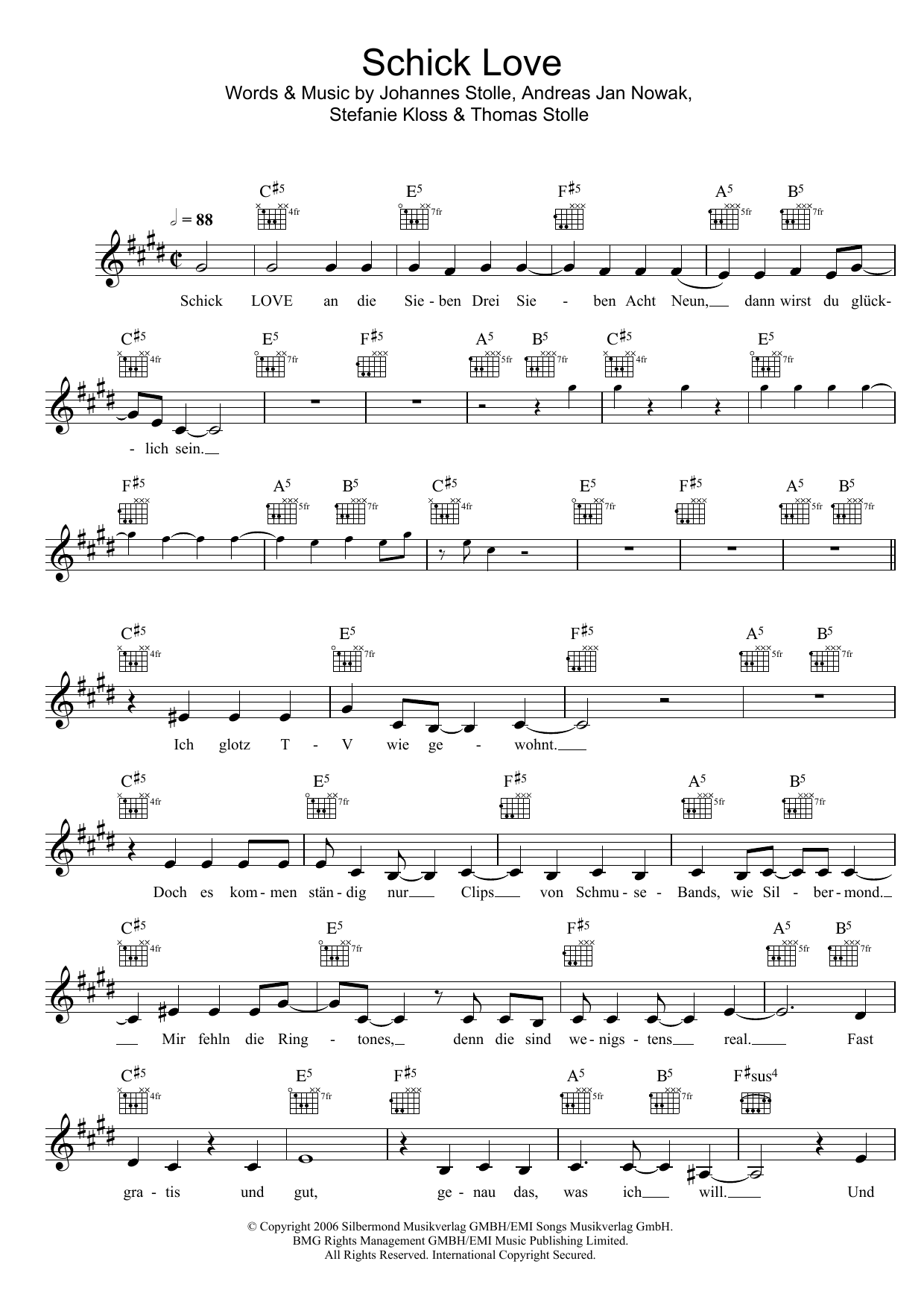 Download Silbermond Schick Love Sheet Music and learn how to play Melody Line, Lyrics & Chords PDF digital score in minutes