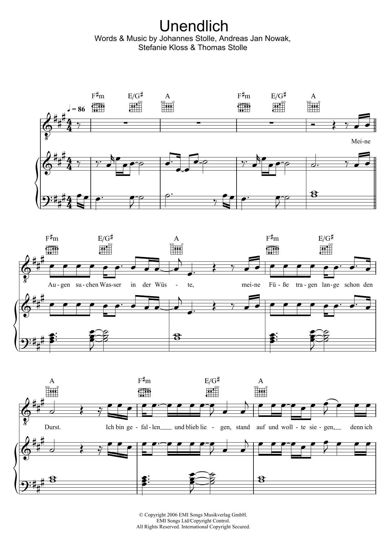 Download Silbermond Unendlich Sheet Music and learn how to play Piano, Vocal & Guitar (Right-Hand Melody) PDF digital score in minutes