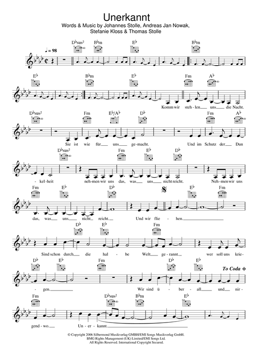 Download Silbermond Unerkannt Sheet Music and learn how to play Melody Line, Lyrics & Chords PDF digital score in minutes