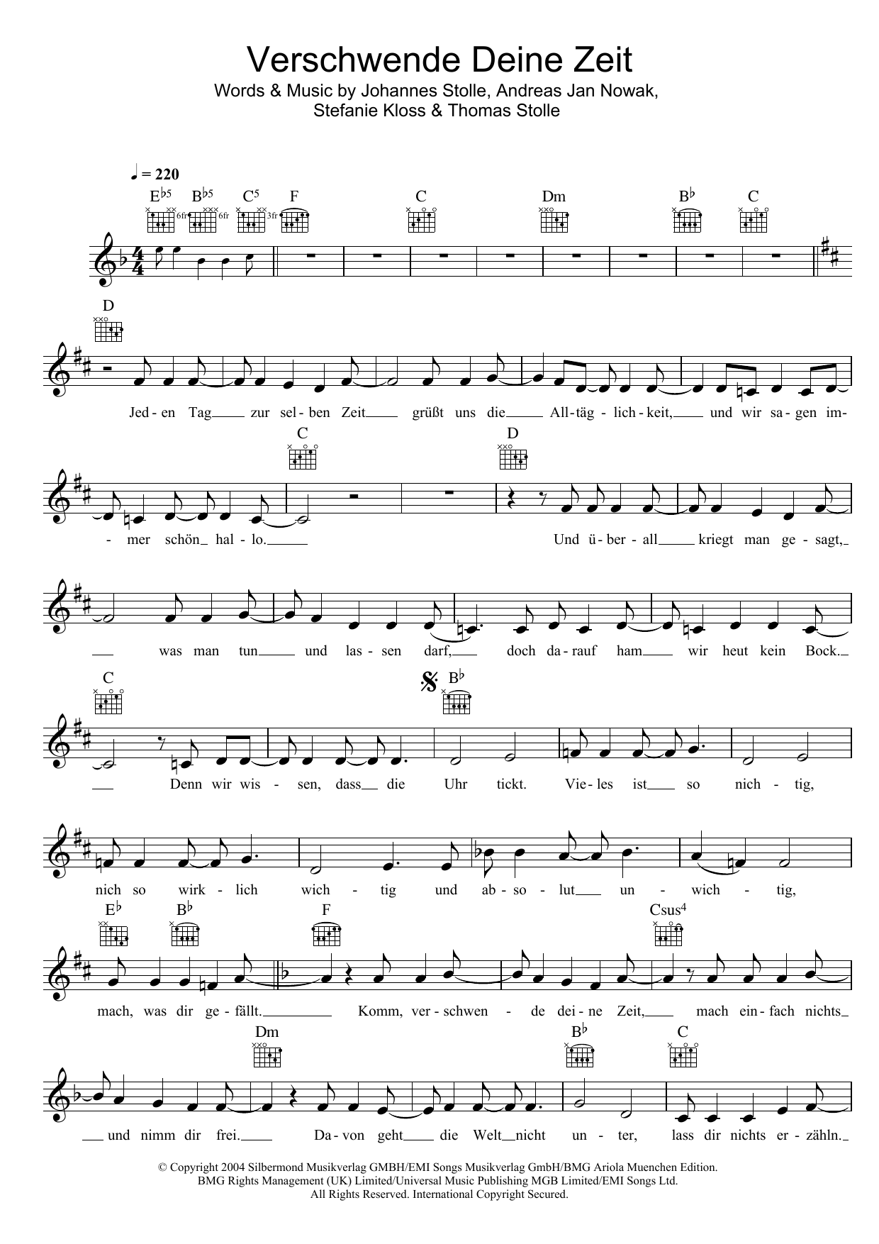 Download Silbermond Verschwende Deine Zeit Sheet Music and learn how to play Melody Line, Lyrics & Chords PDF digital score in minutes