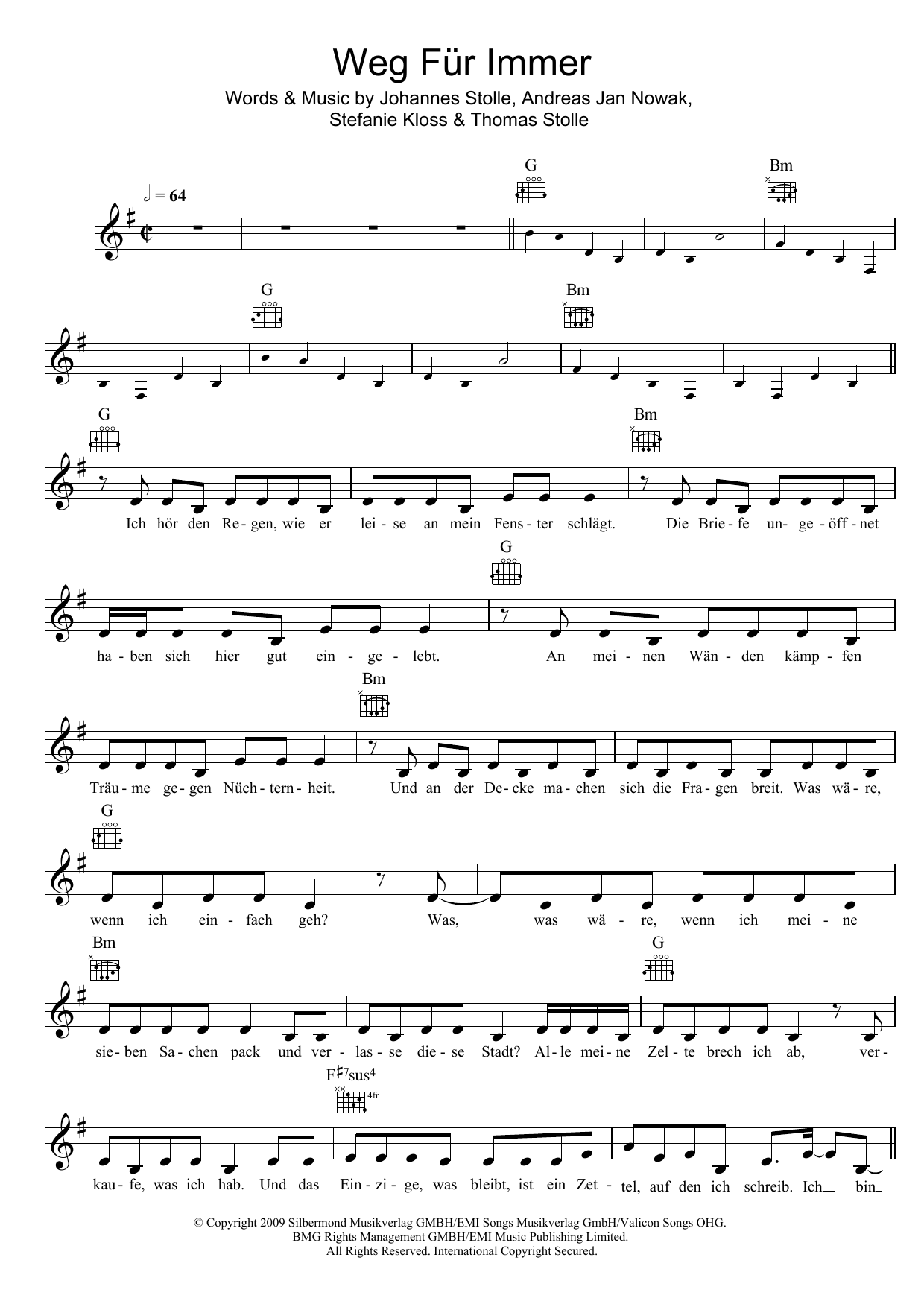 Download Silbermond Weg Für Immer Sheet Music and learn how to play Melody Line, Lyrics & Chords PDF digital score in minutes