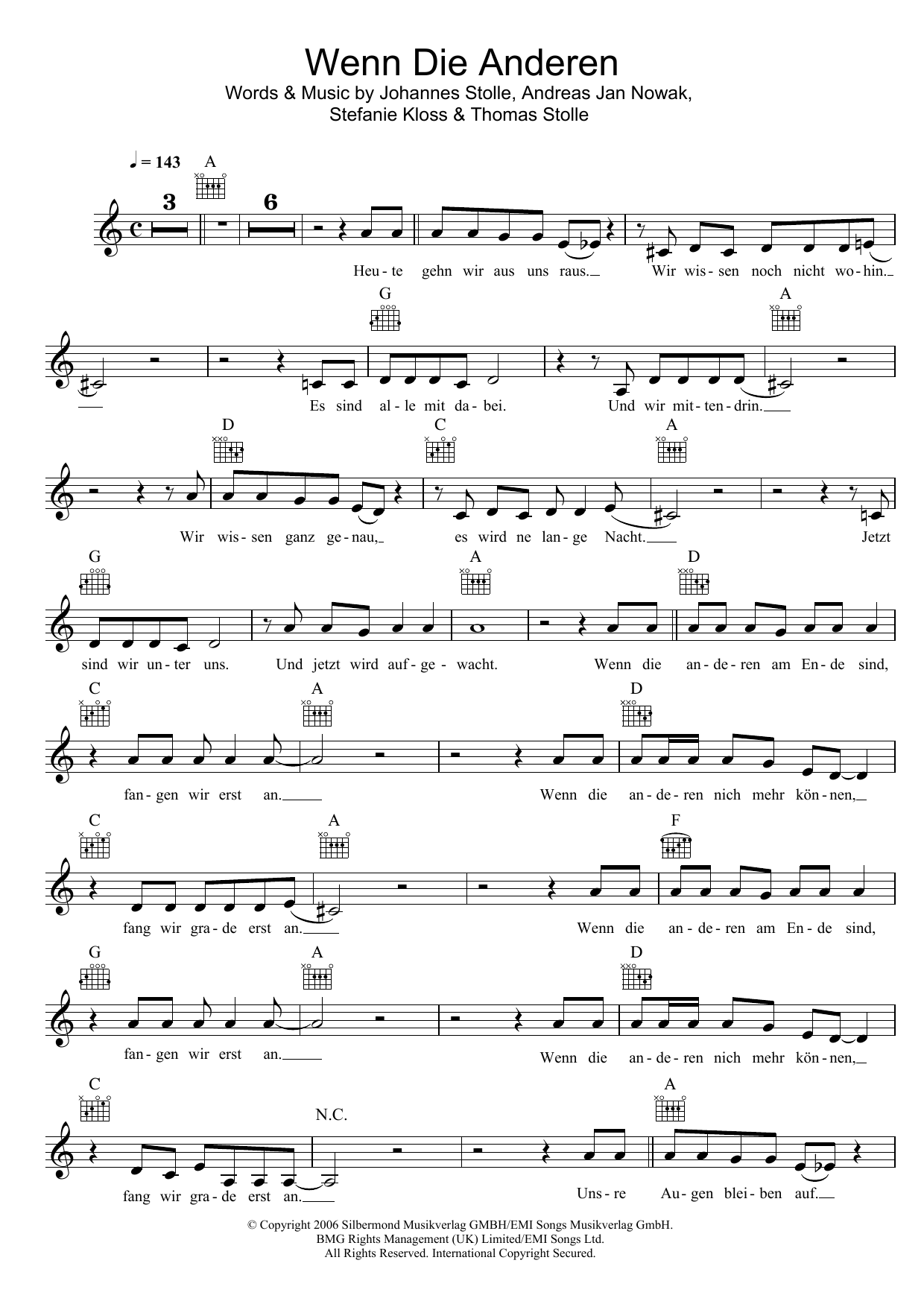 Download Silbermond Wenn Die Anderen Sheet Music and learn how to play Melody Line, Lyrics & Chords PDF digital score in minutes