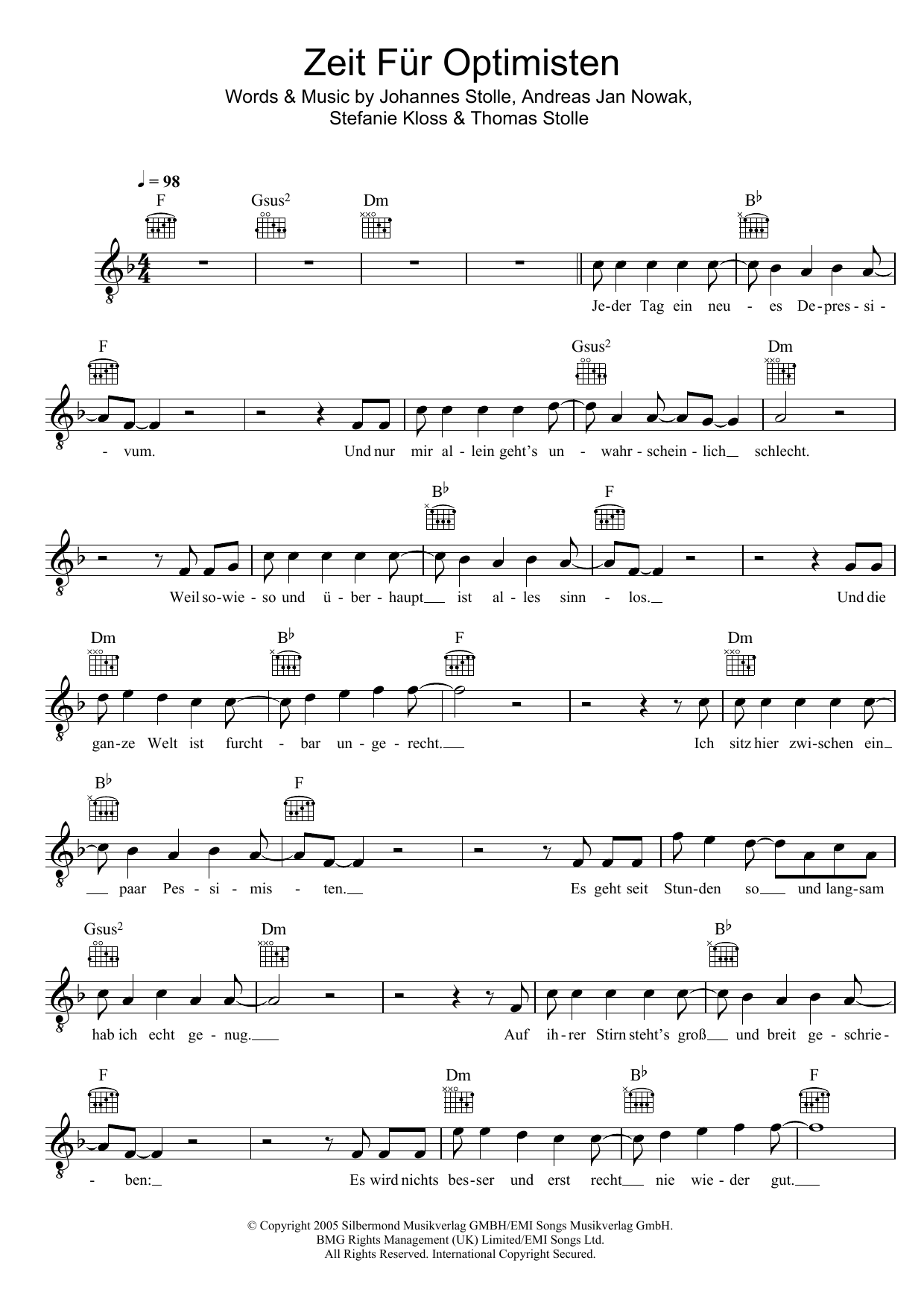 Download Silbermond Zeit Für Optimisten Sheet Music and learn how to play Melody Line, Lyrics & Chords PDF digital score in minutes