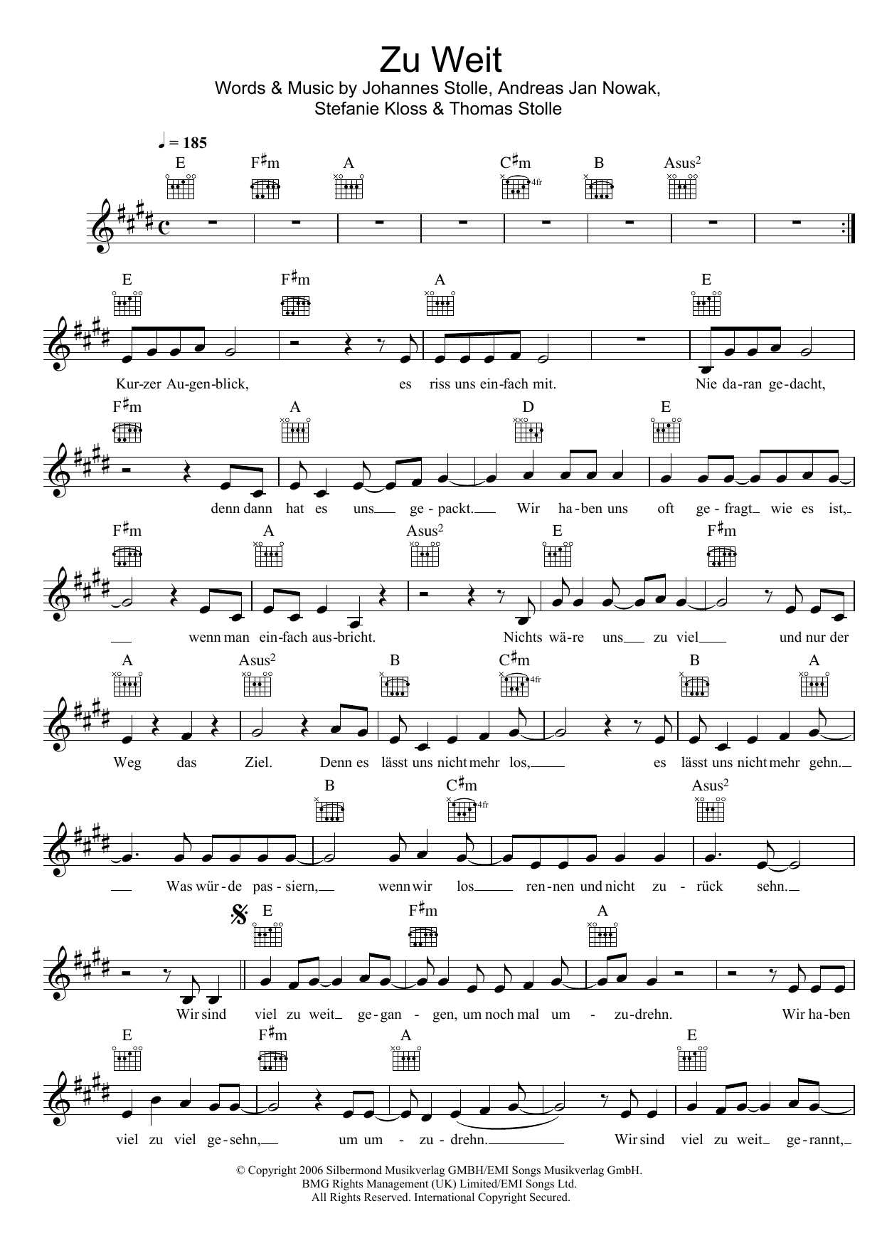 Download Silbermond Zu Weit Sheet Music and learn how to play Melody Line, Lyrics & Chords PDF digital score in minutes