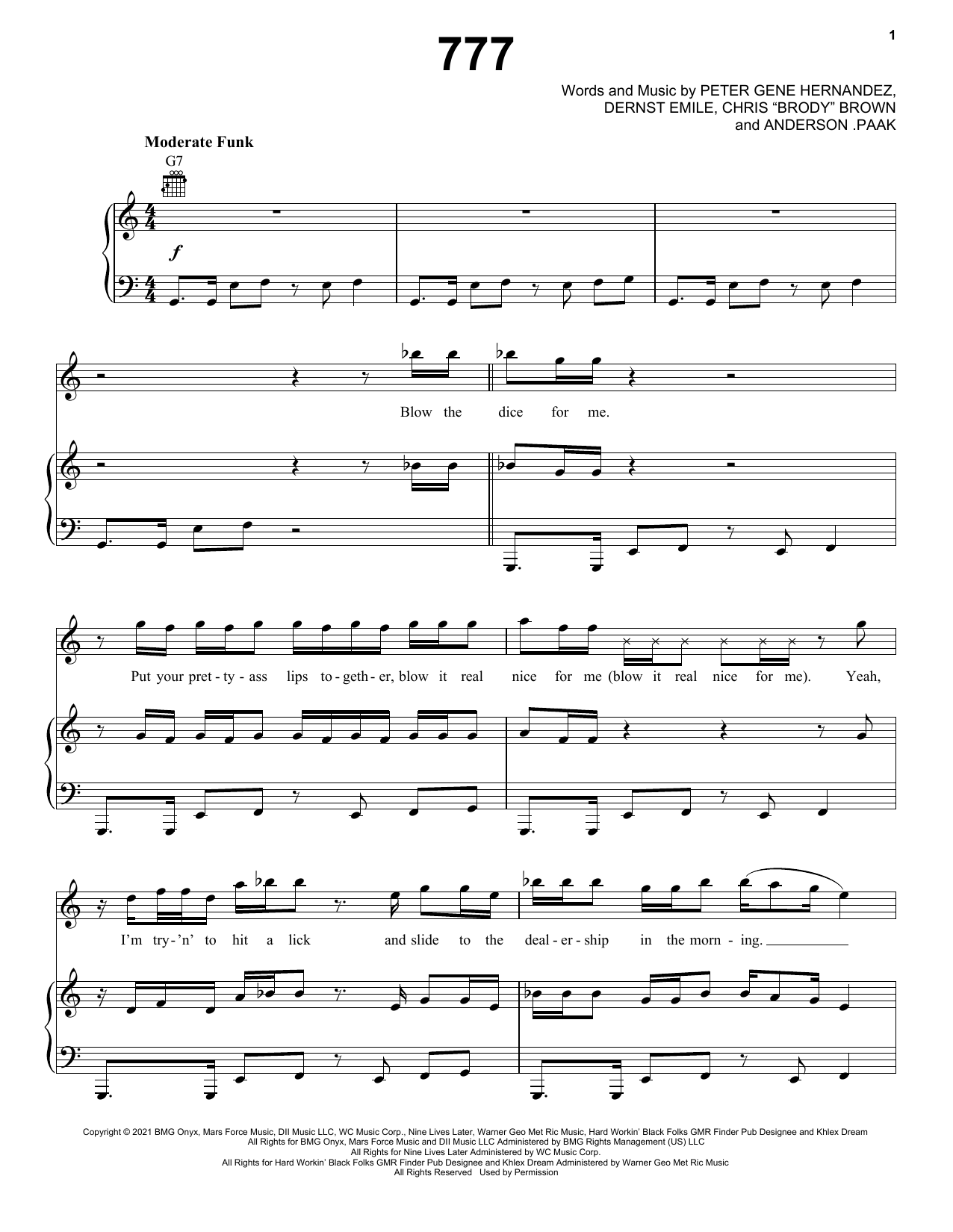Download Silk Sonic 777 Sheet Music and learn how to play Piano, Vocal & Guitar Chords (Right-Hand Melody) PDF digital score in minutes