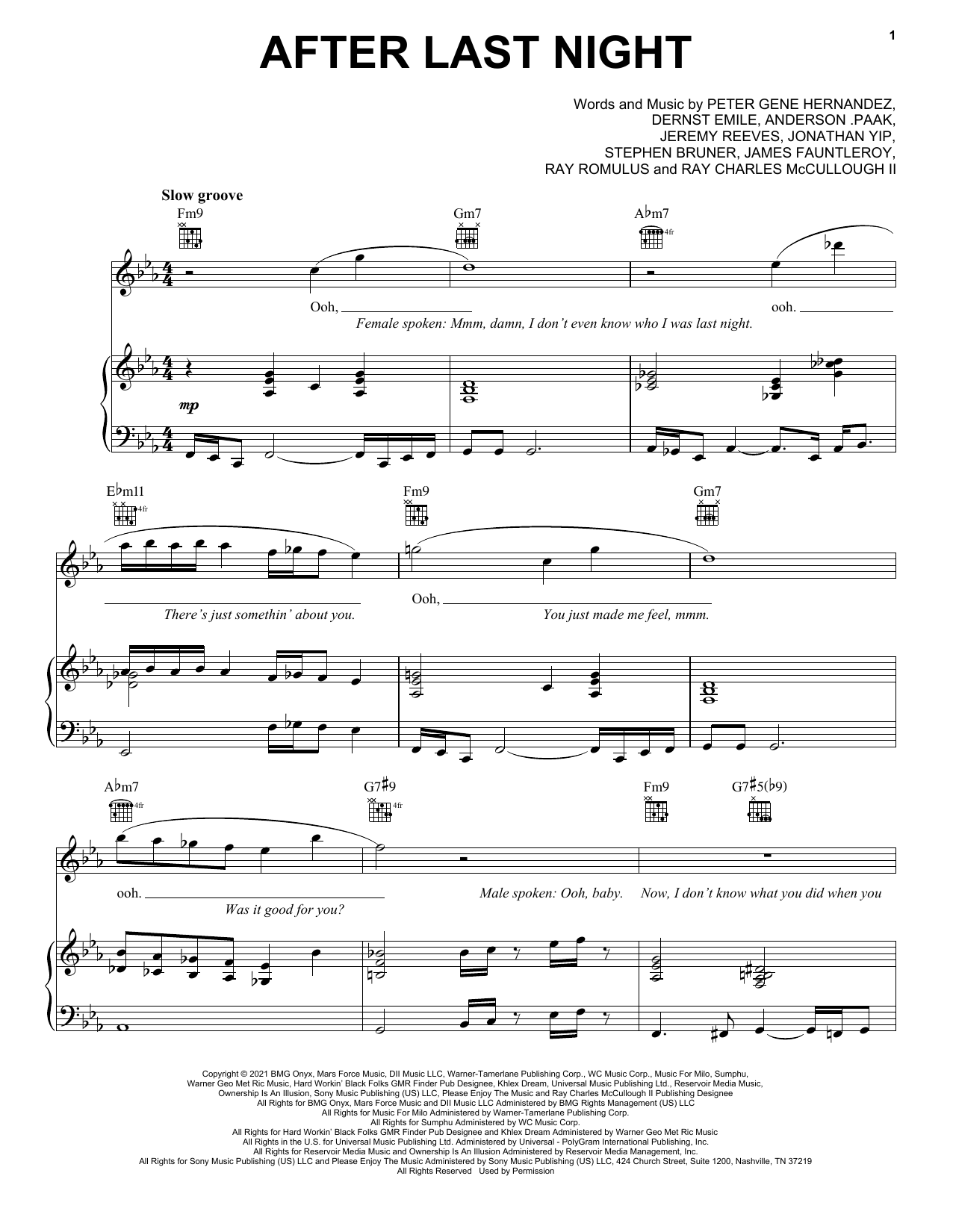 Download Silk Sonic After Last Night Sheet Music and learn how to play Piano, Vocal & Guitar Chords (Right-Hand Melody) PDF digital score in minutes