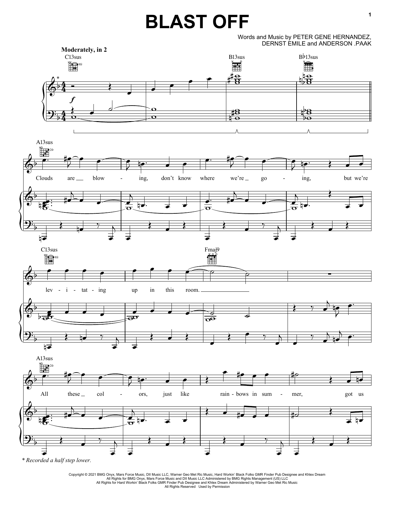 Download Silk Sonic Blast Off Sheet Music and learn how to play Piano, Vocal & Guitar Chords (Right-Hand Melody) PDF digital score in minutes