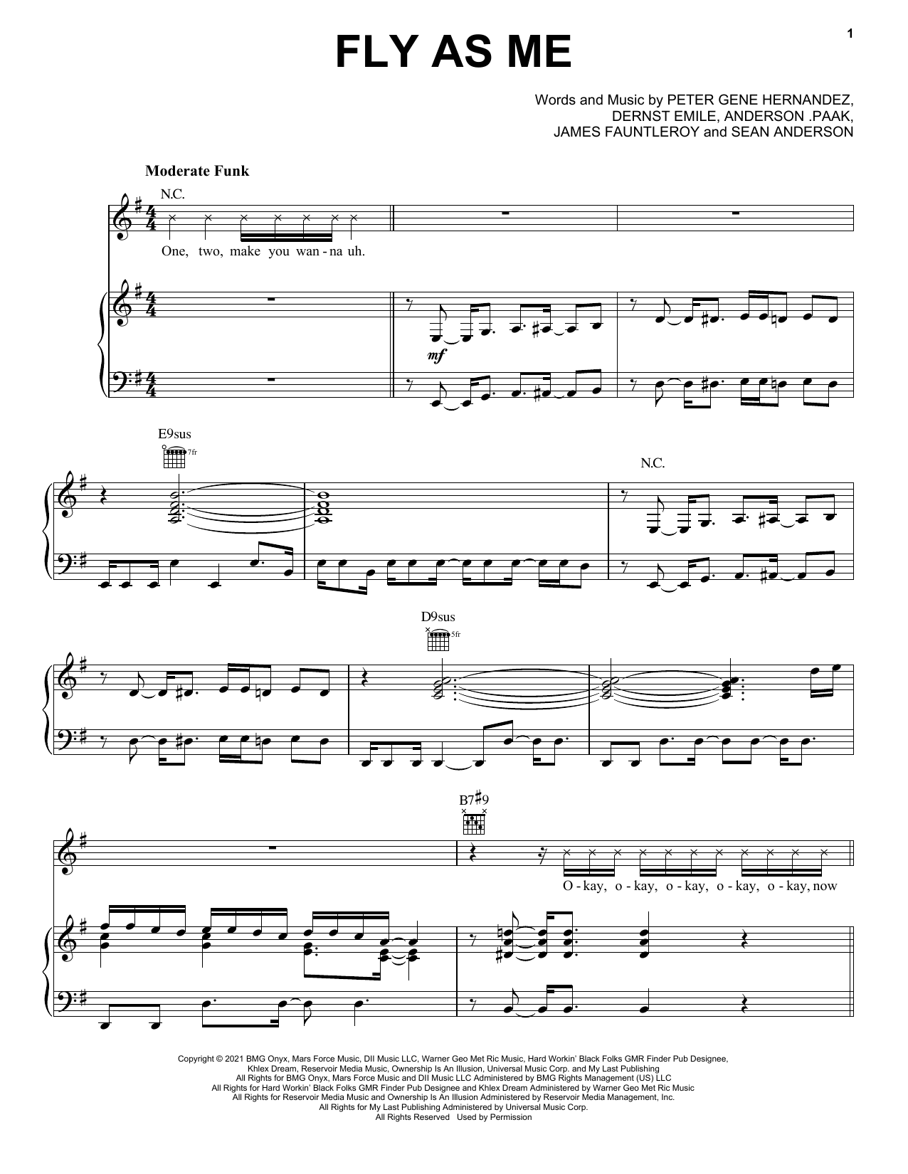 Download Silk Sonic Fly As Me Sheet Music and learn how to play Piano, Vocal & Guitar Chords (Right-Hand Melody) PDF digital score in minutes