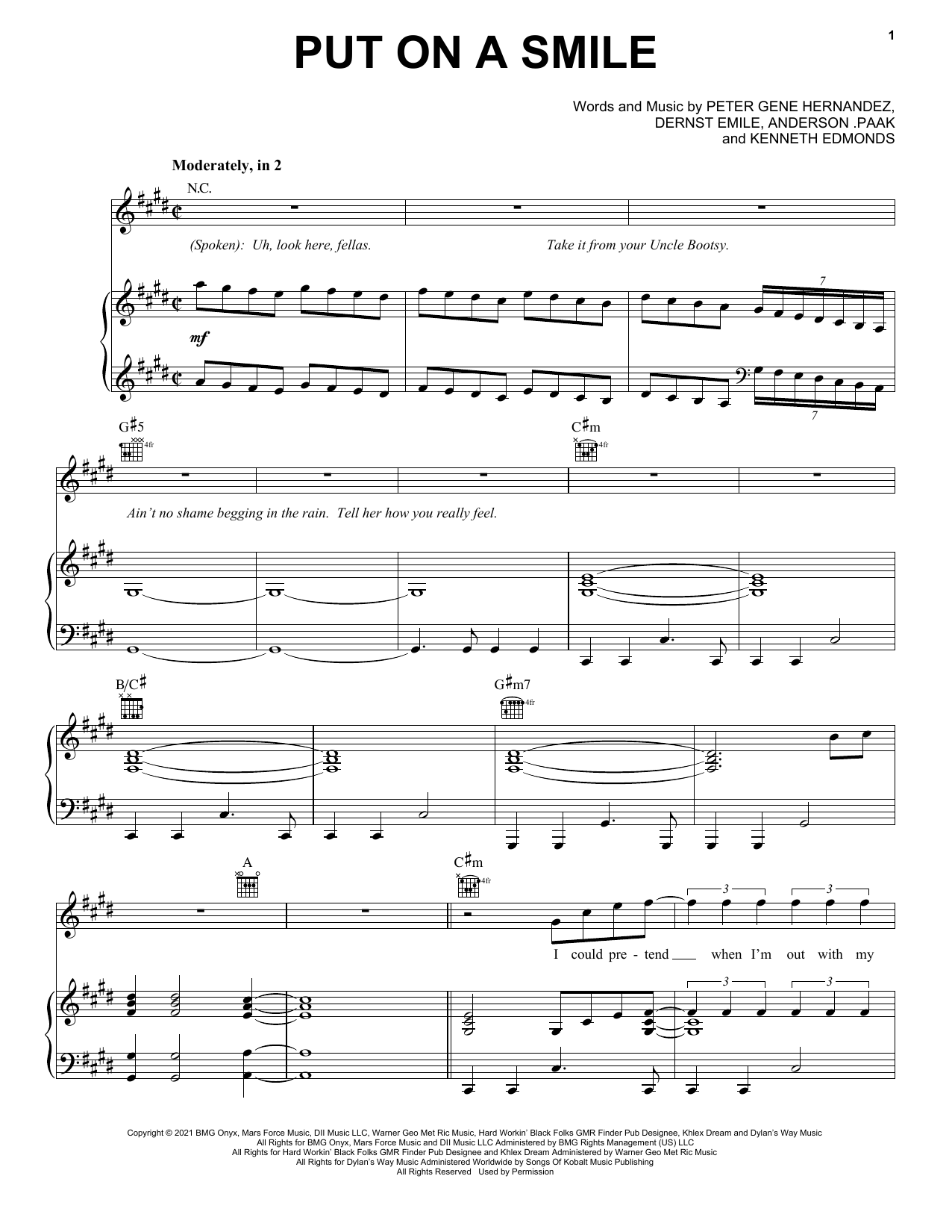 Download Silk Sonic Put On A Smile Sheet Music and learn how to play Piano, Vocal & Guitar Chords (Right-Hand Melody) PDF digital score in minutes
