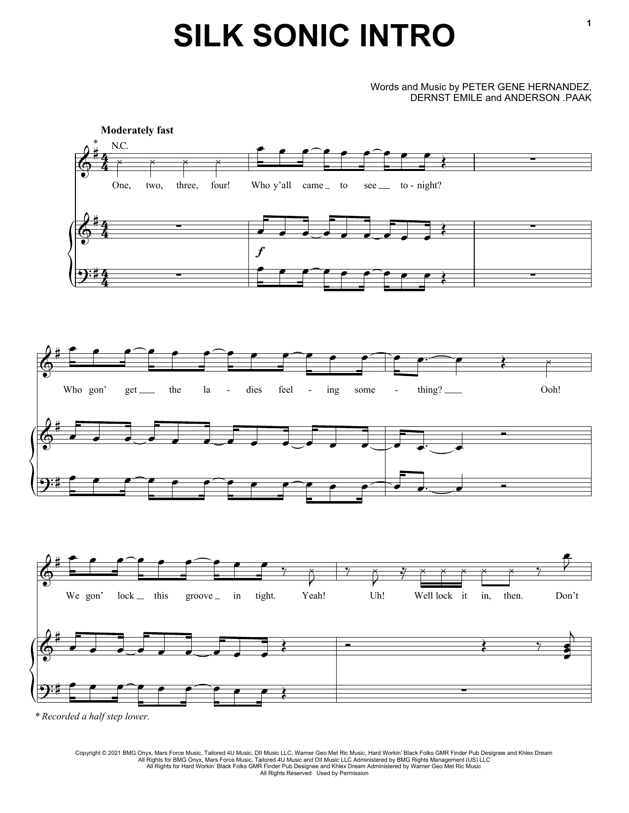 Download Silk Sonic Silk Sonic Intro Sheet Music and learn how to play Piano, Vocal & Guitar Chords (Right-Hand Melody) PDF digital score in minutes