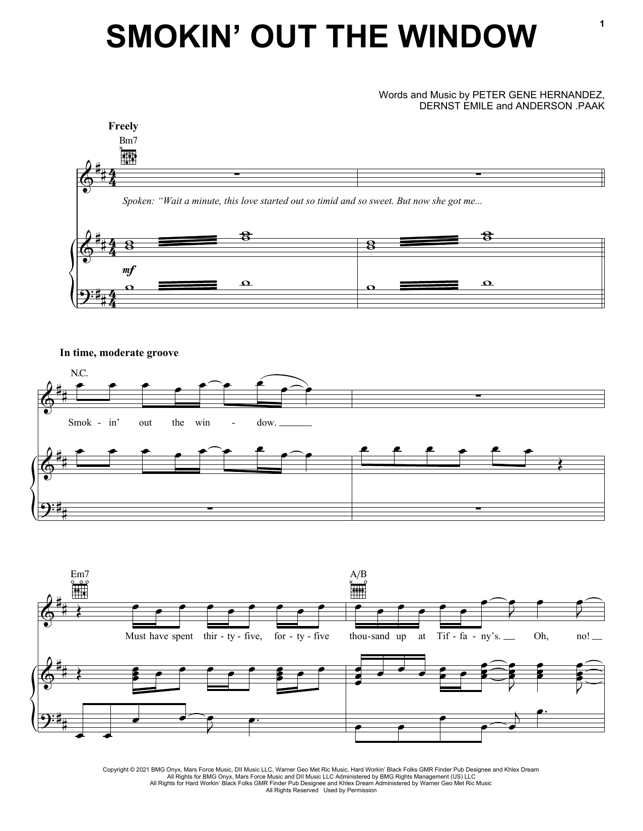 Download Silk Sonic Smokin' Out The Window Sheet Music and learn how to play Easy Guitar Tab PDF digital score in minutes