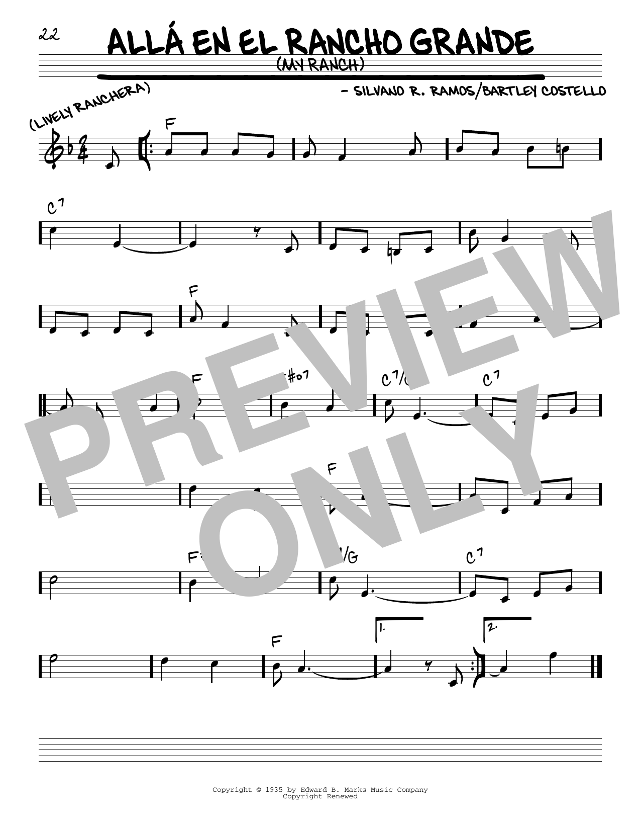 Download Silvano R. Ramos Alla En El Rancho Grande (My Ranch) Sheet Music and learn how to play Real Book – Melody & Chords PDF digital score in minutes