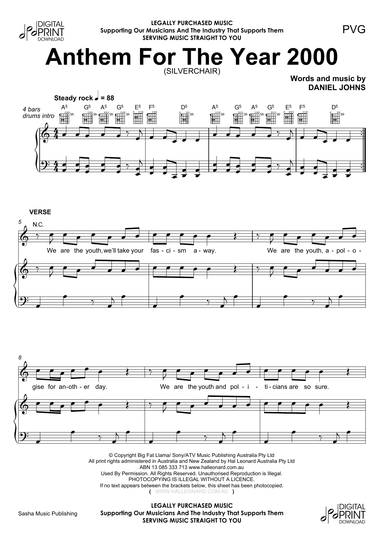 Download Silverchair Anthem For The Year 2000 Sheet Music and learn how to play Piano, Vocal & Guitar (Right-Hand Melody) PDF digital score in minutes