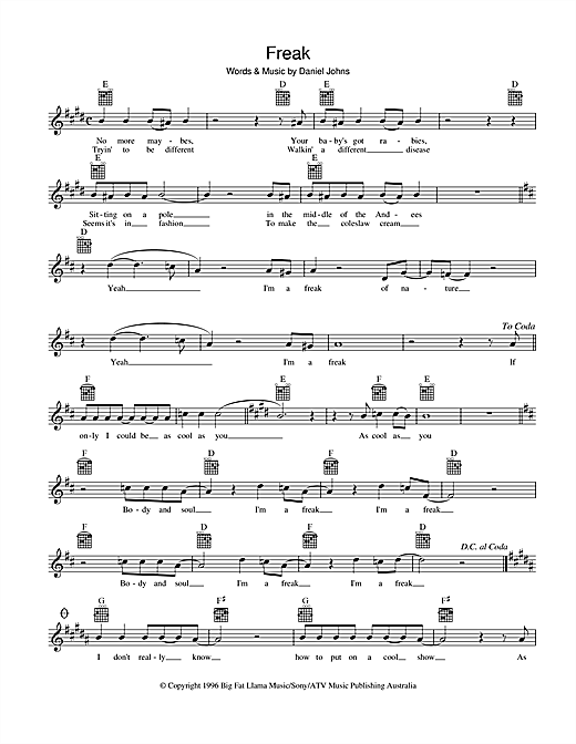 Download Silverchair Freak Sheet Music and learn how to play Melody Line, Lyrics & Chords PDF digital score in minutes