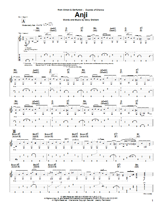 Download Simon & Garfunkel Anji Sheet Music and learn how to play Guitar Tab PDF digital score in minutes
