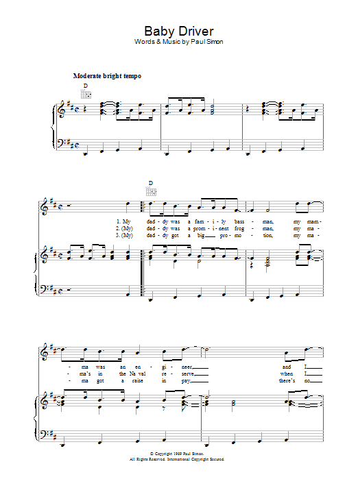 Download Simon & Garfunkel Baby Driver Sheet Music and learn how to play Lyrics & Piano Chords PDF digital score in minutes
