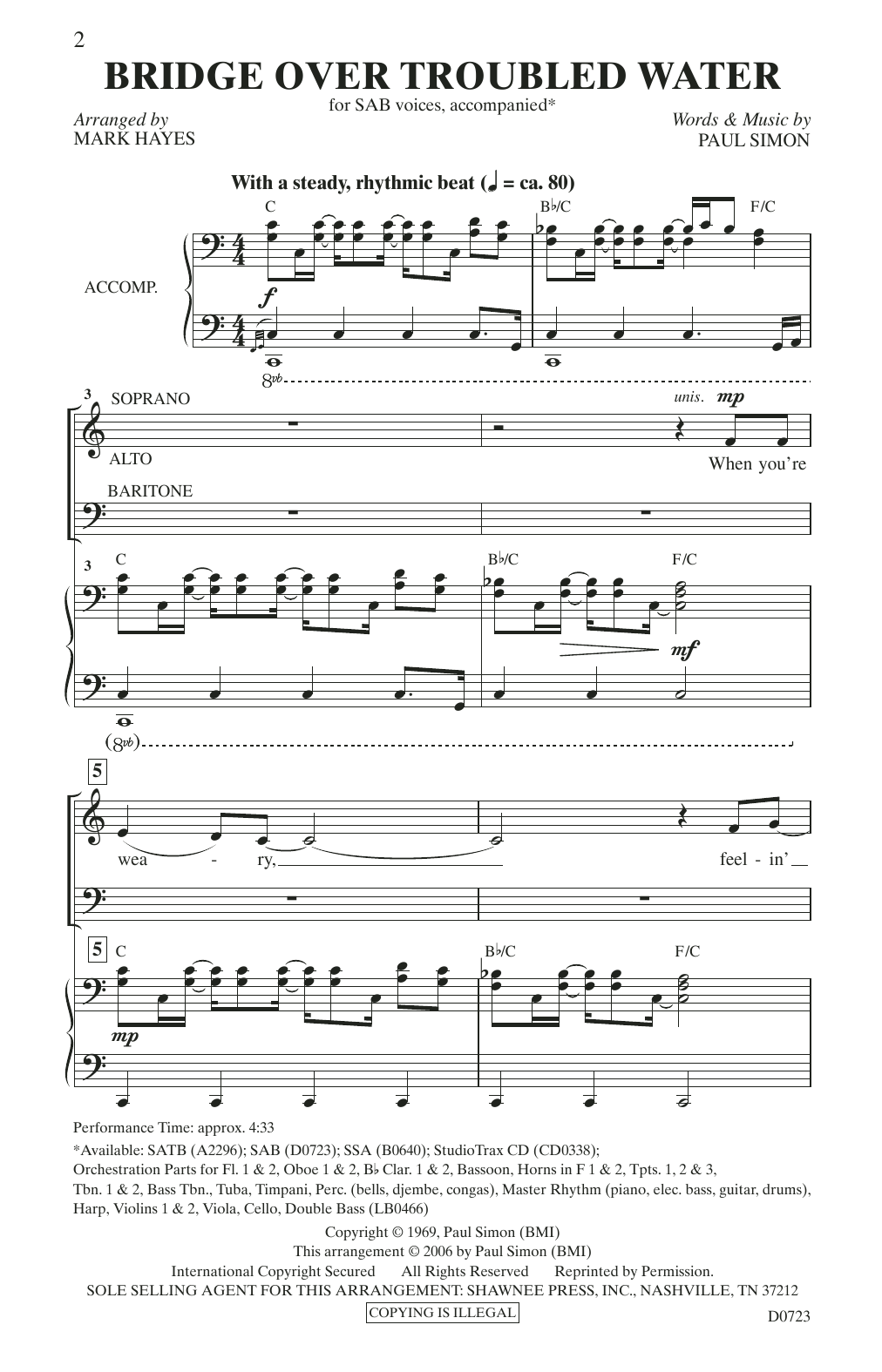 Download Simon & Garfunkel Bridge Over Troubled Water (arr. Mark Hayes) Sheet Music and learn how to play SSA Choir PDF digital score in minutes