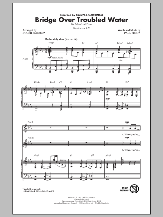 Download Roger Emerson Bridge Over Troubled Water Sheet Music and learn how to play 2-Part Choir PDF digital score in minutes