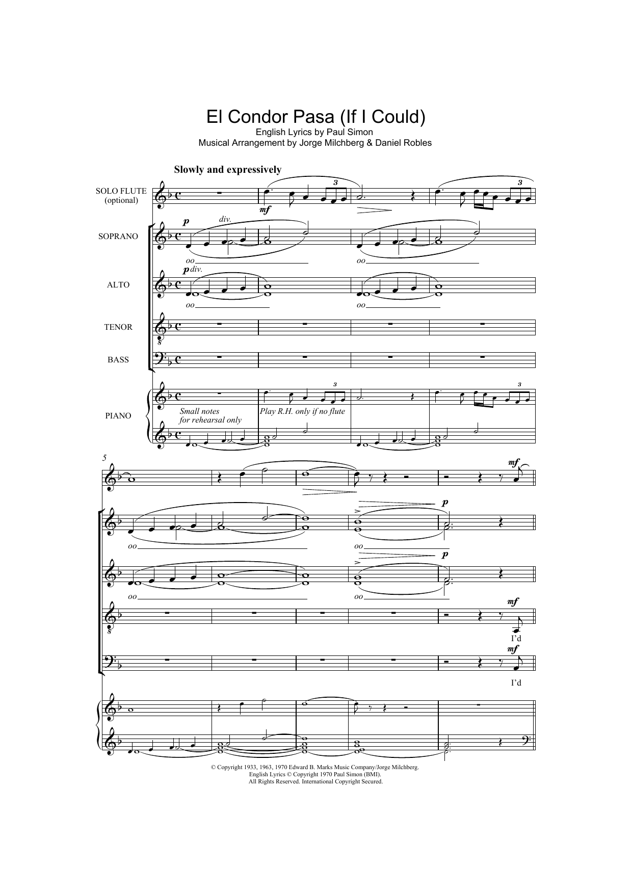 Download Simon & Garfunkel El Condor Pasa (If I Could) Sheet Music and learn how to play SATB PDF digital score in minutes