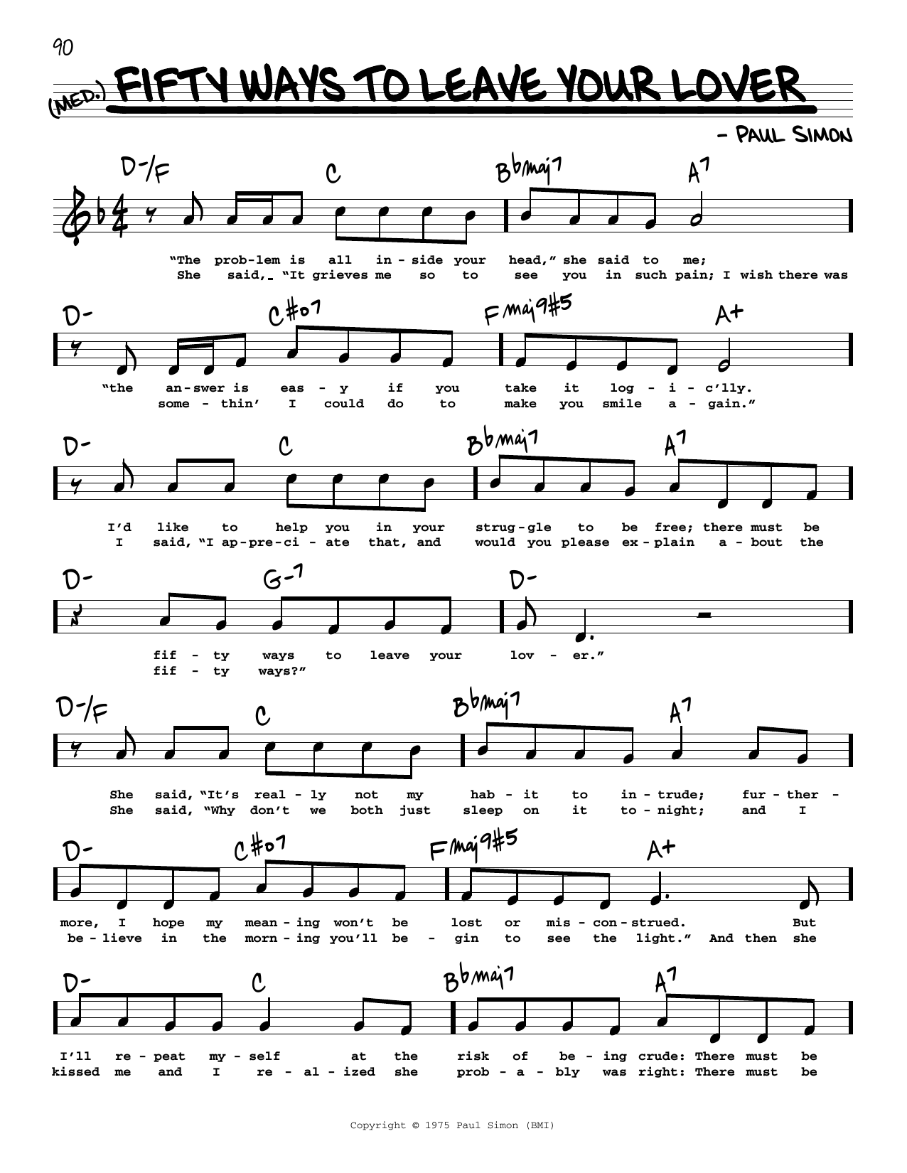 Download Simon & Garfunkel Fifty Ways To Leave Your Lover (High Voice) Sheet Music and learn how to play Real Book – Melody, Lyrics & Chords PDF digital score in minutes