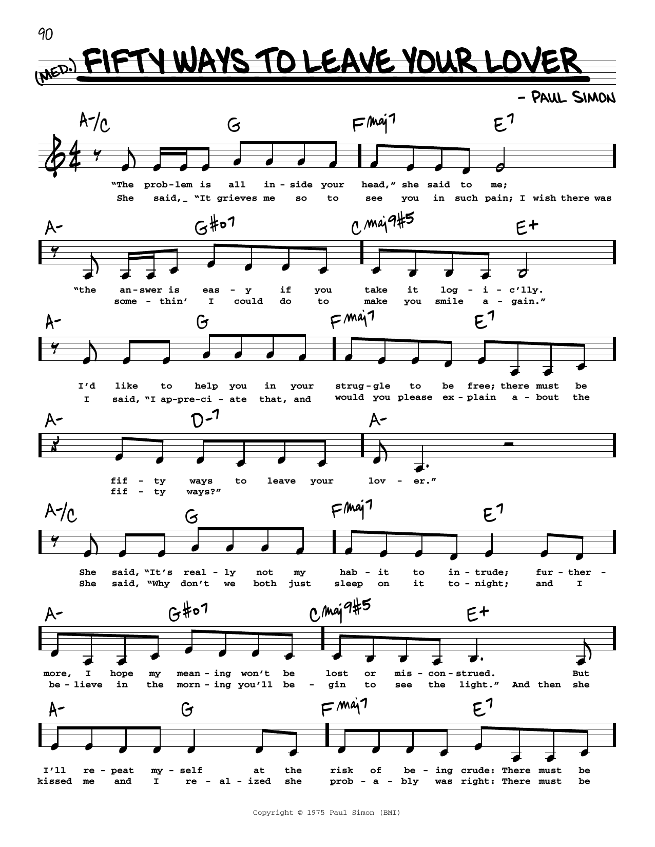 Download Simon & Garfunkel Fifty Ways To Leave Your Lover (Low Voice) Sheet Music and learn how to play Real Book – Melody, Lyrics & Chords PDF digital score in minutes