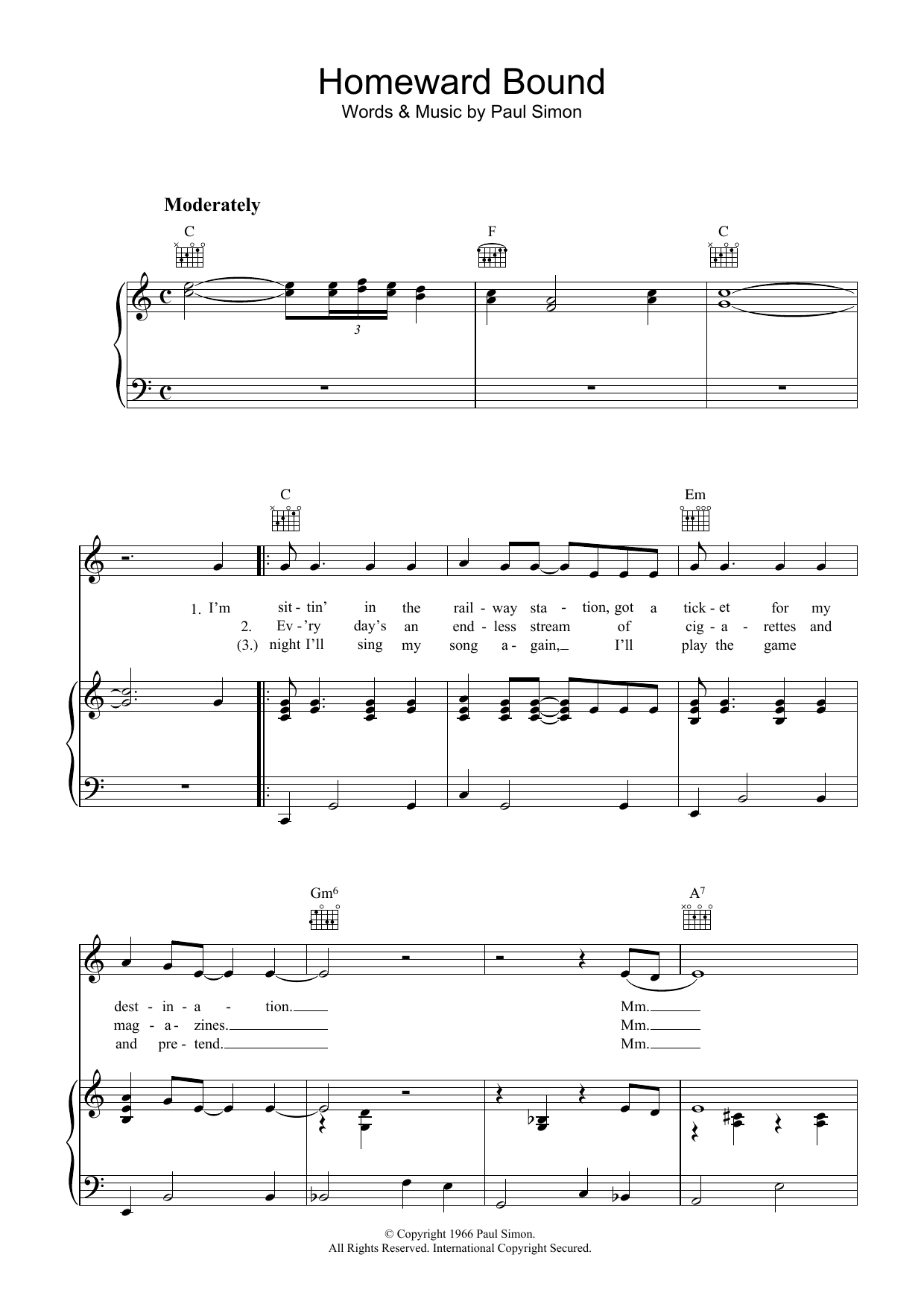 Download Simon & Garfunkel Homeward Bound Sheet Music and learn how to play Melody Line, Lyrics & Chords PDF digital score in minutes