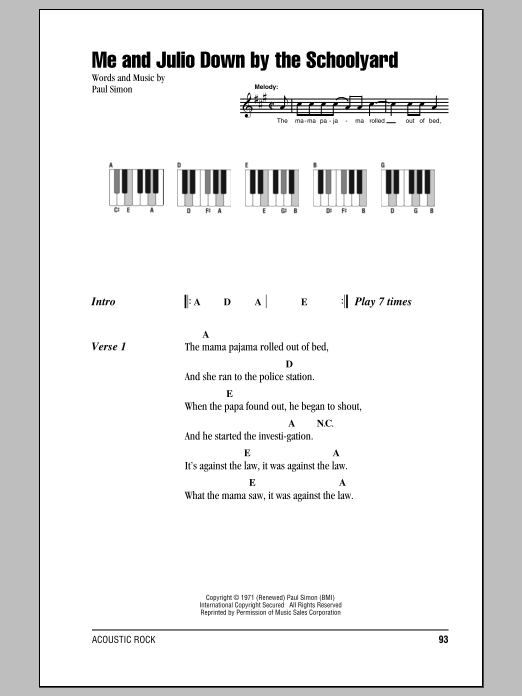 Download Simon & Garfunkel Me and Julio Down By The Schoolyard Sheet Music and learn how to play Guitar Lead Sheet PDF digital score in minutes
