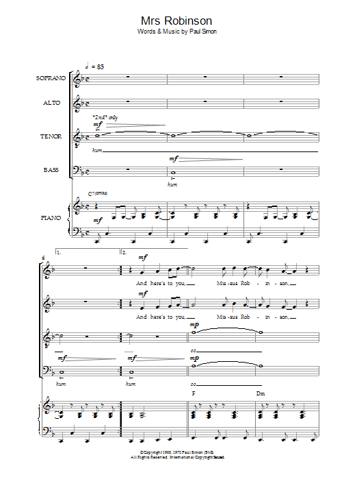 Download Simon & Garfunkel Mrs. Robinson Sheet Music and learn how to play SATB PDF digital score in minutes