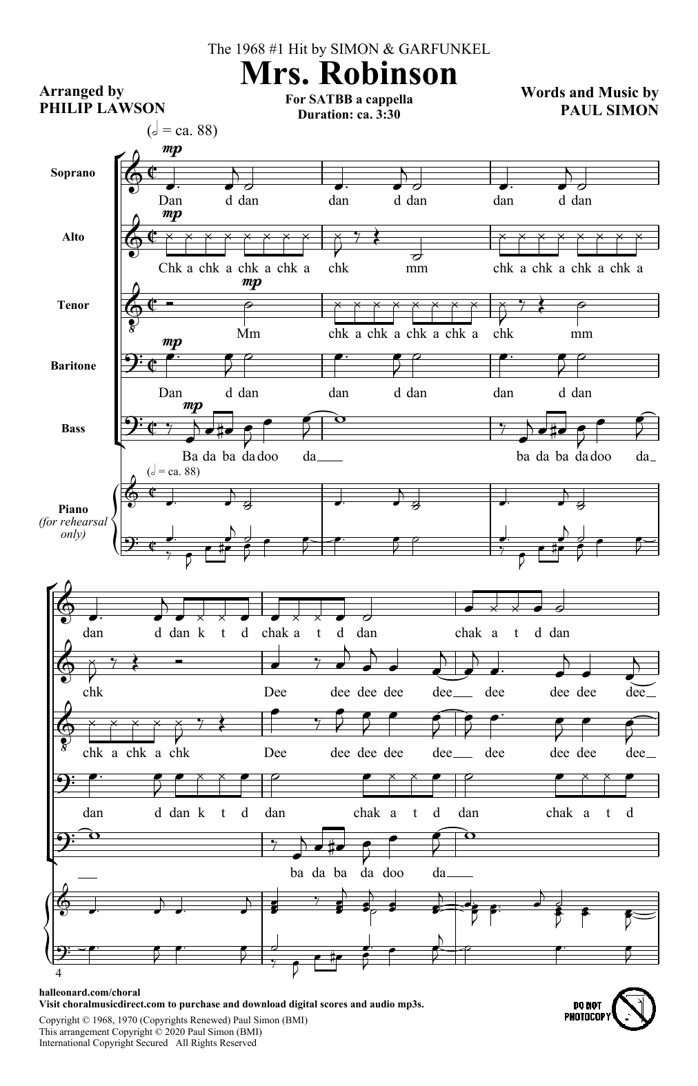 Download Simon & Garfunkel Mrs. Robinson (arr. Philip Lawson) Sheet Music and learn how to play SATB Choir PDF digital score in minutes