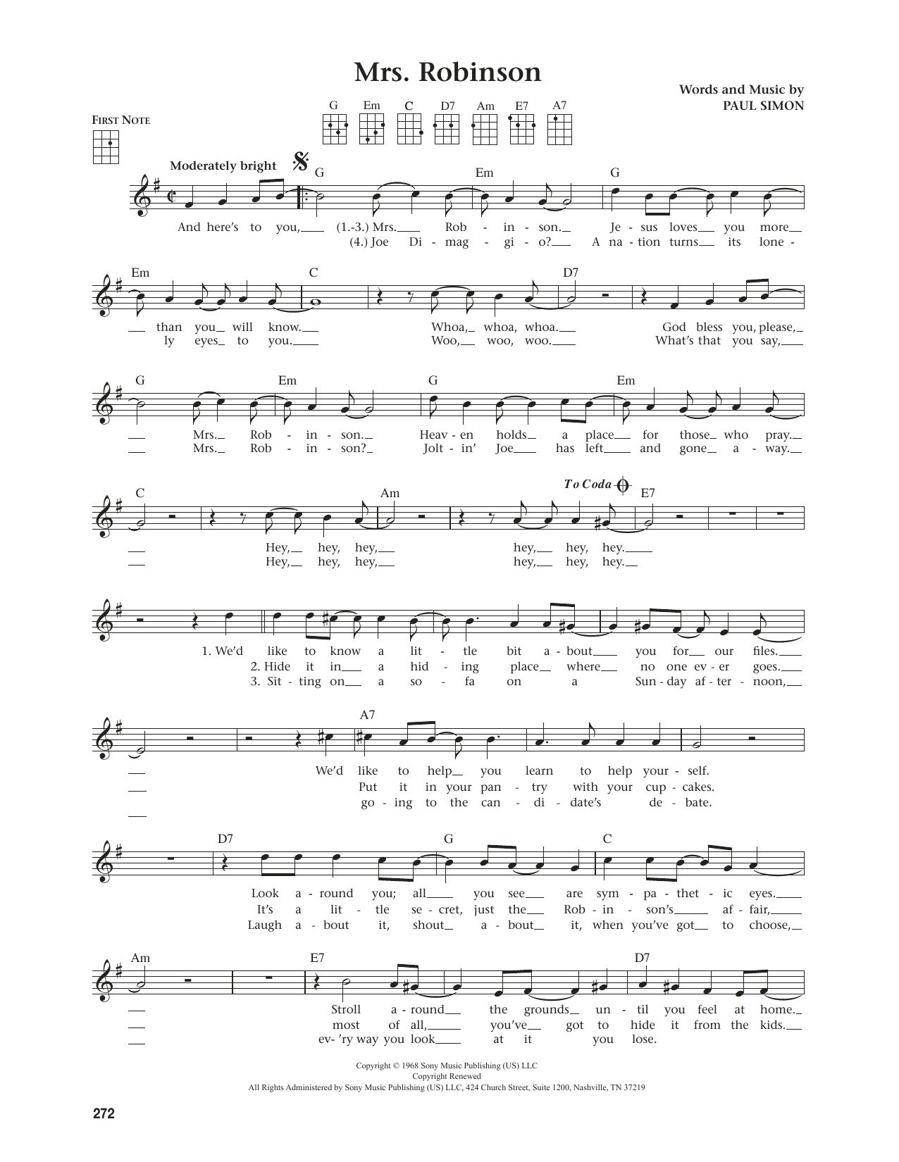 Download Simon & Garfunkel Mrs. Robinson (from The Daily Ukulele) (arr. Jim Beloff) Sheet Music and learn how to play Ukulele PDF digital score in minutes