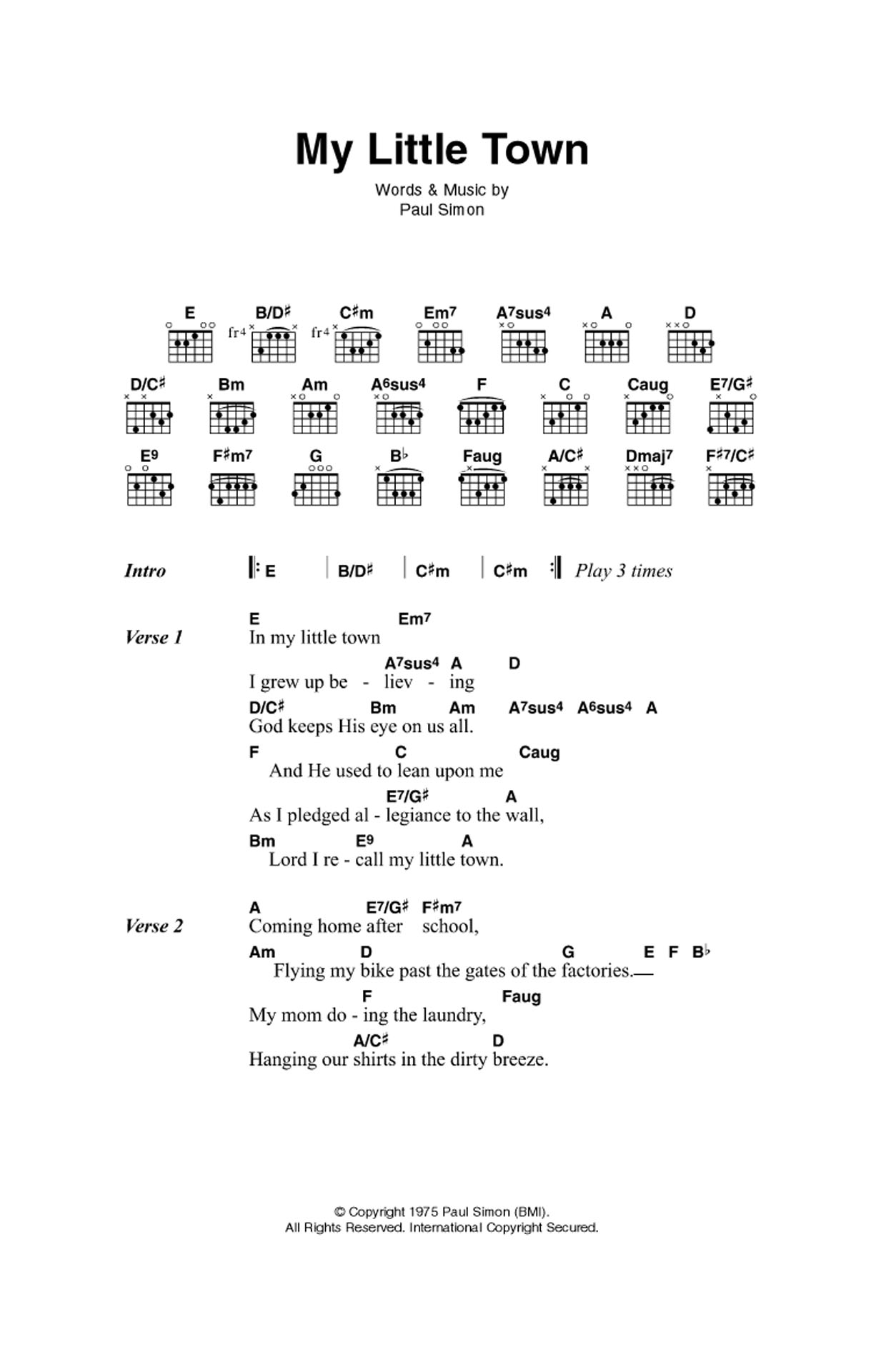 Download Simon & Garfunkel My Little Town Sheet Music and learn how to play Guitar Chords/Lyrics PDF digital score in minutes