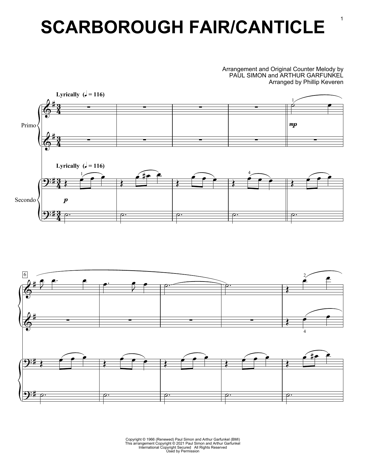 Download Simon & Garfunkel Scarborough Fair/Canticle (arr. Phillip Keveren) Sheet Music and learn how to play Piano Duet PDF digital score in minutes