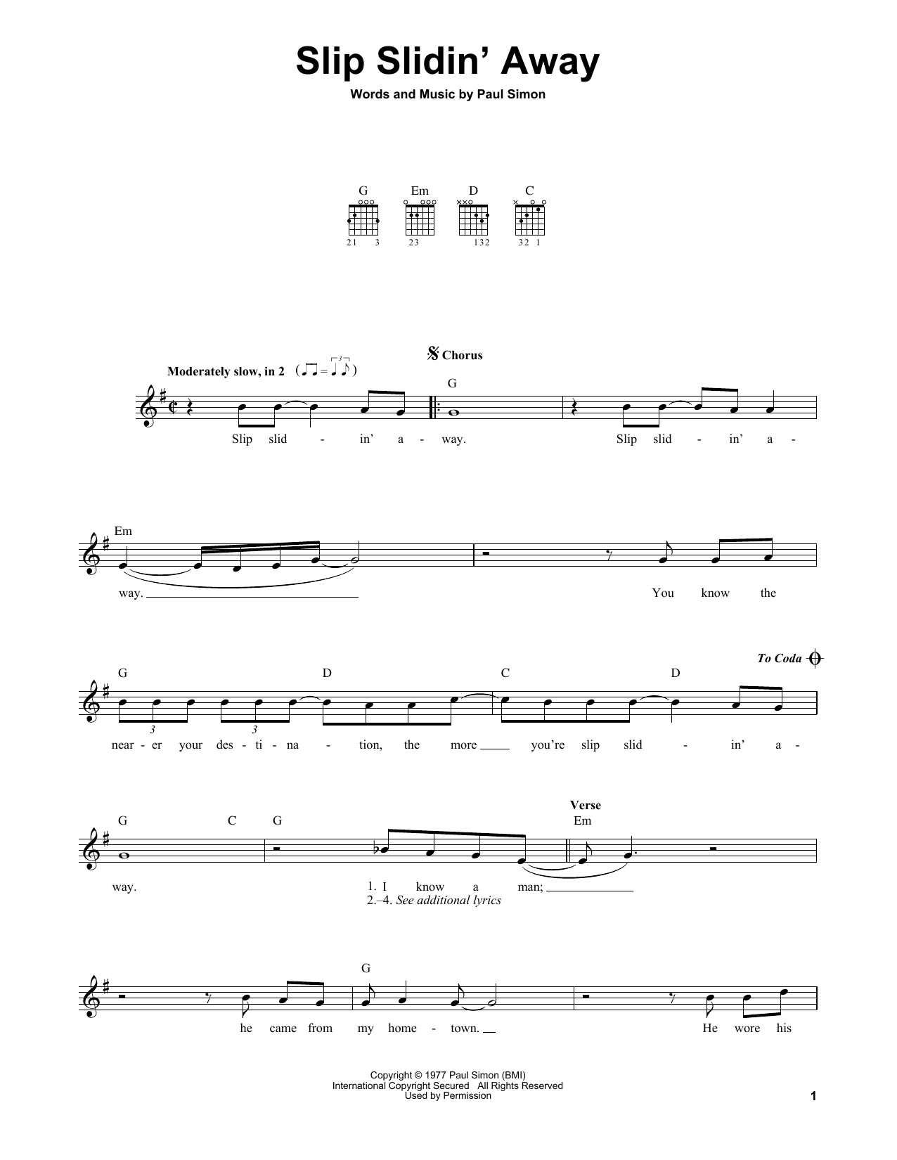 Download Simon & Garfunkel Slip Slidin' Away Sheet Music and learn how to play Ukulele PDF digital score in minutes