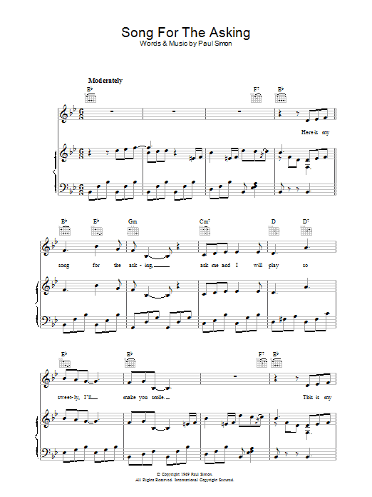 Download Simon & Garfunkel Song For The Asking Sheet Music and learn how to play Piano, Vocal & Guitar (Right-Hand Melody) PDF digital score in minutes