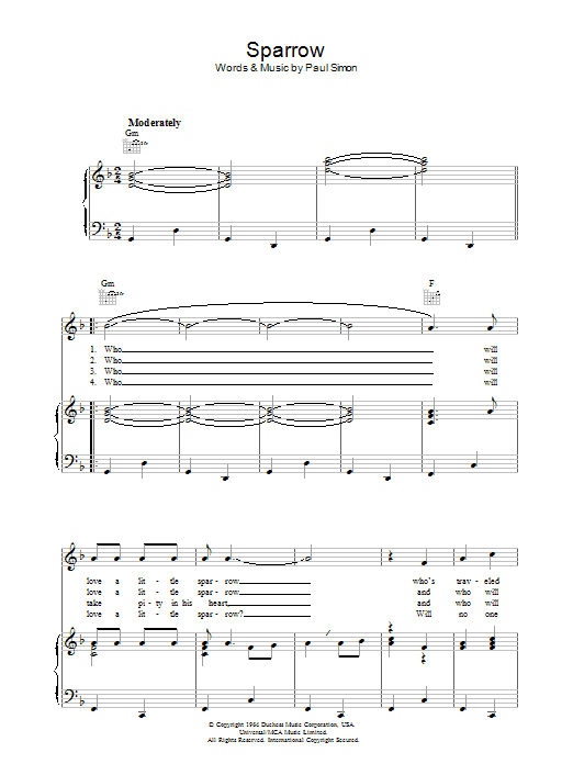 Download Simon & Garfunkel Sparrow Sheet Music and learn how to play Piano, Vocal & Guitar (Right-Hand Melody) PDF digital score in minutes
