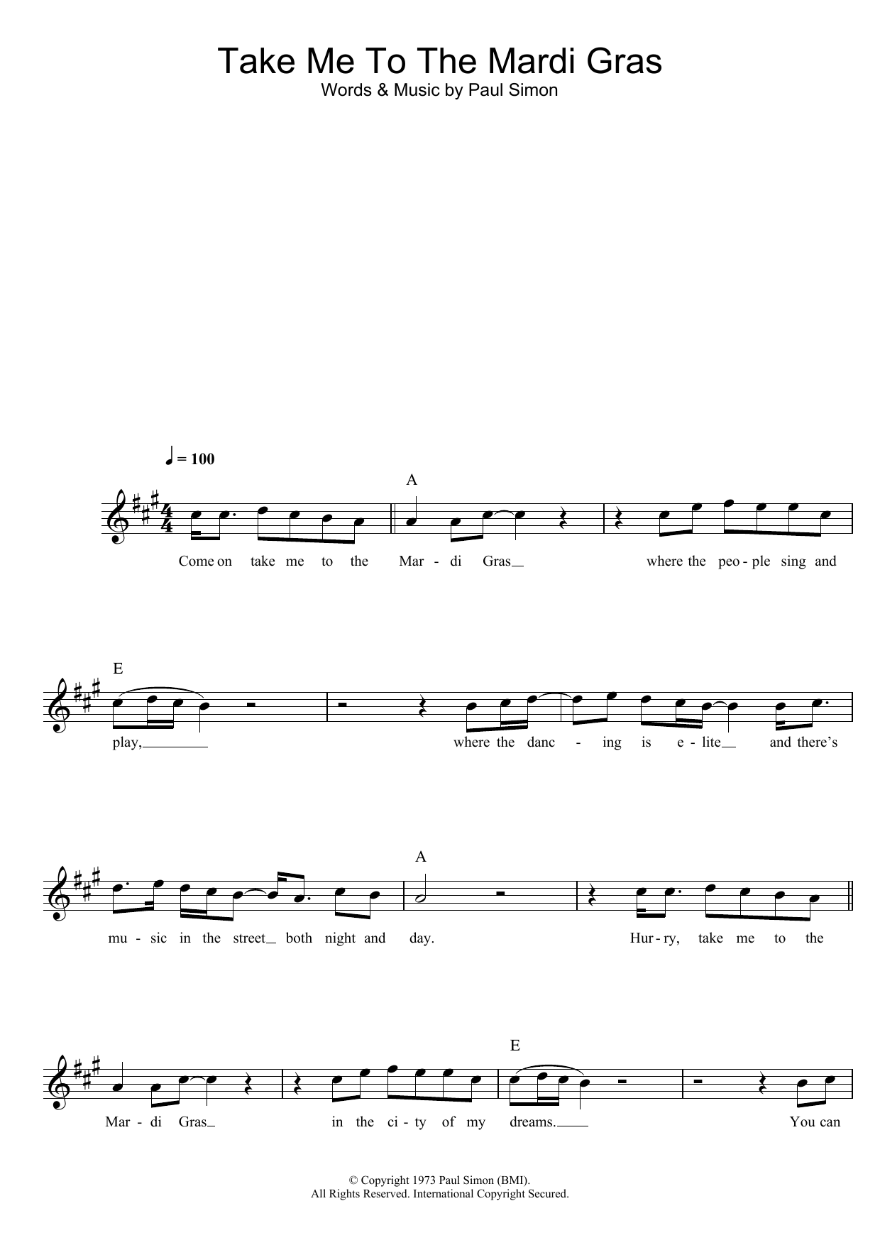 Download Simon & Garfunkel Take Me To The Mardi Gras Sheet Music and learn how to play Lead Sheet / Fake Book PDF digital score in minutes