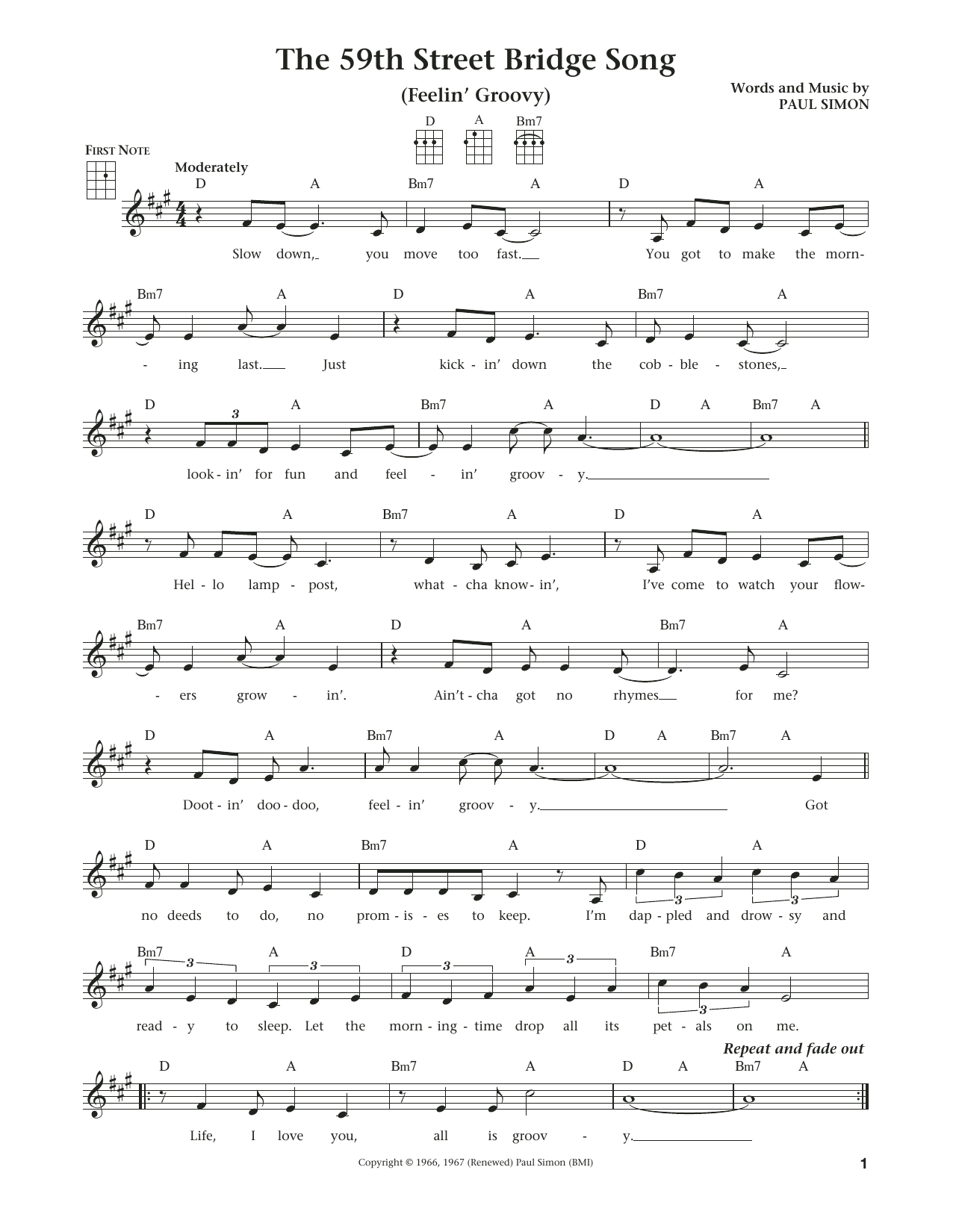 Download Simon & Garfunkel The 59th Street Bridge Song (Feelin' Groovy) Sheet Music and learn how to play Ukulele PDF digital score in minutes