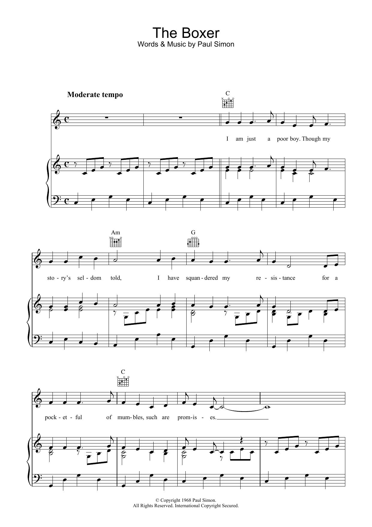 Download Simon & Garfunkel The Boxer Sheet Music and learn how to play Piano, Vocal & Guitar (Right-Hand Melody) PDF digital score in minutes