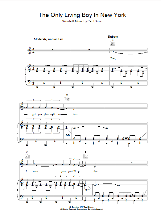 Download Simon & Garfunkel The Only Living Boy In New York Sheet Music and learn how to play Lyrics & Chords PDF digital score in minutes